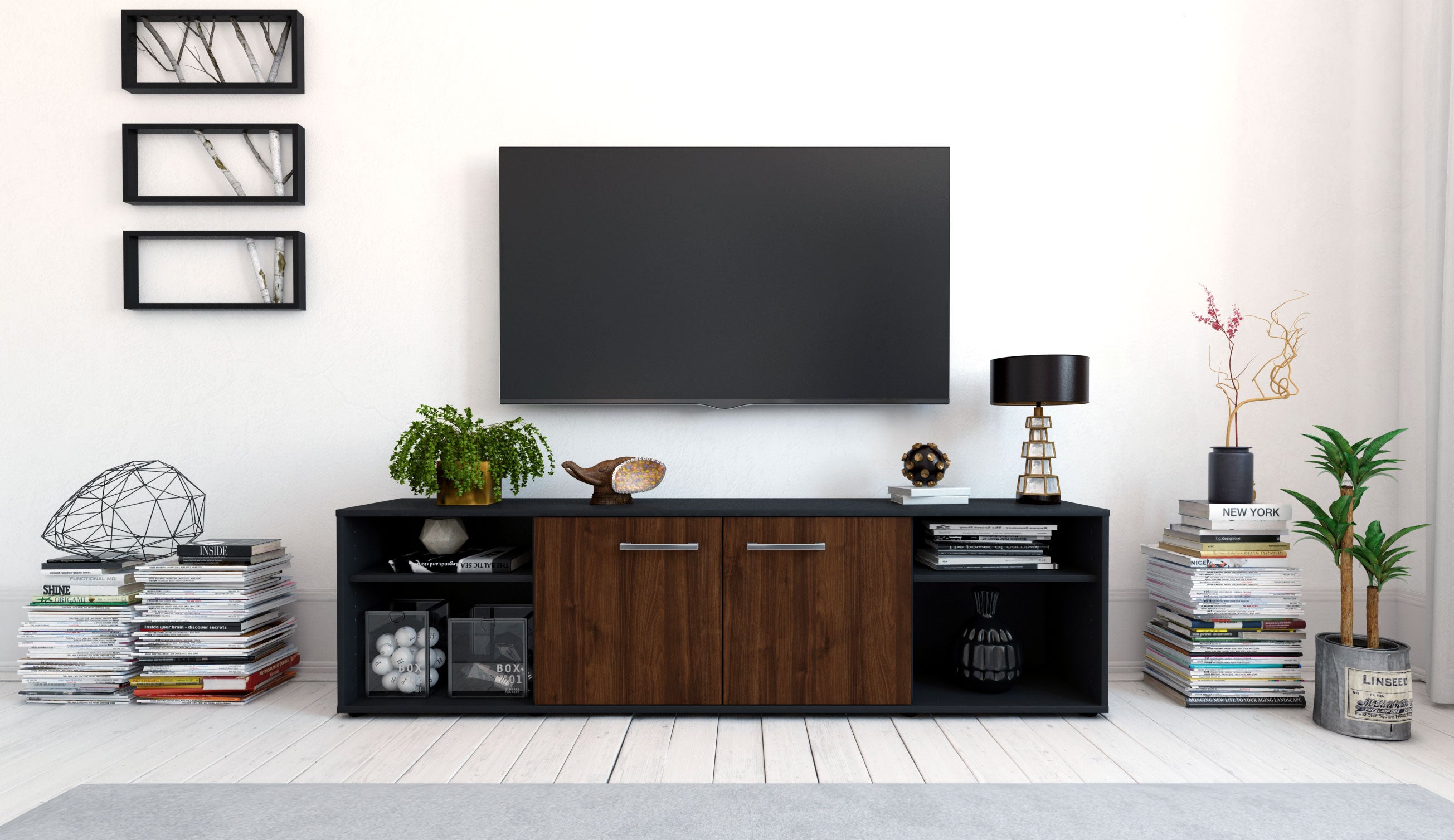Lowboard - Asimo - Design Holzdekor - Freistehend mit Griffe 180 cm Anthrazit
