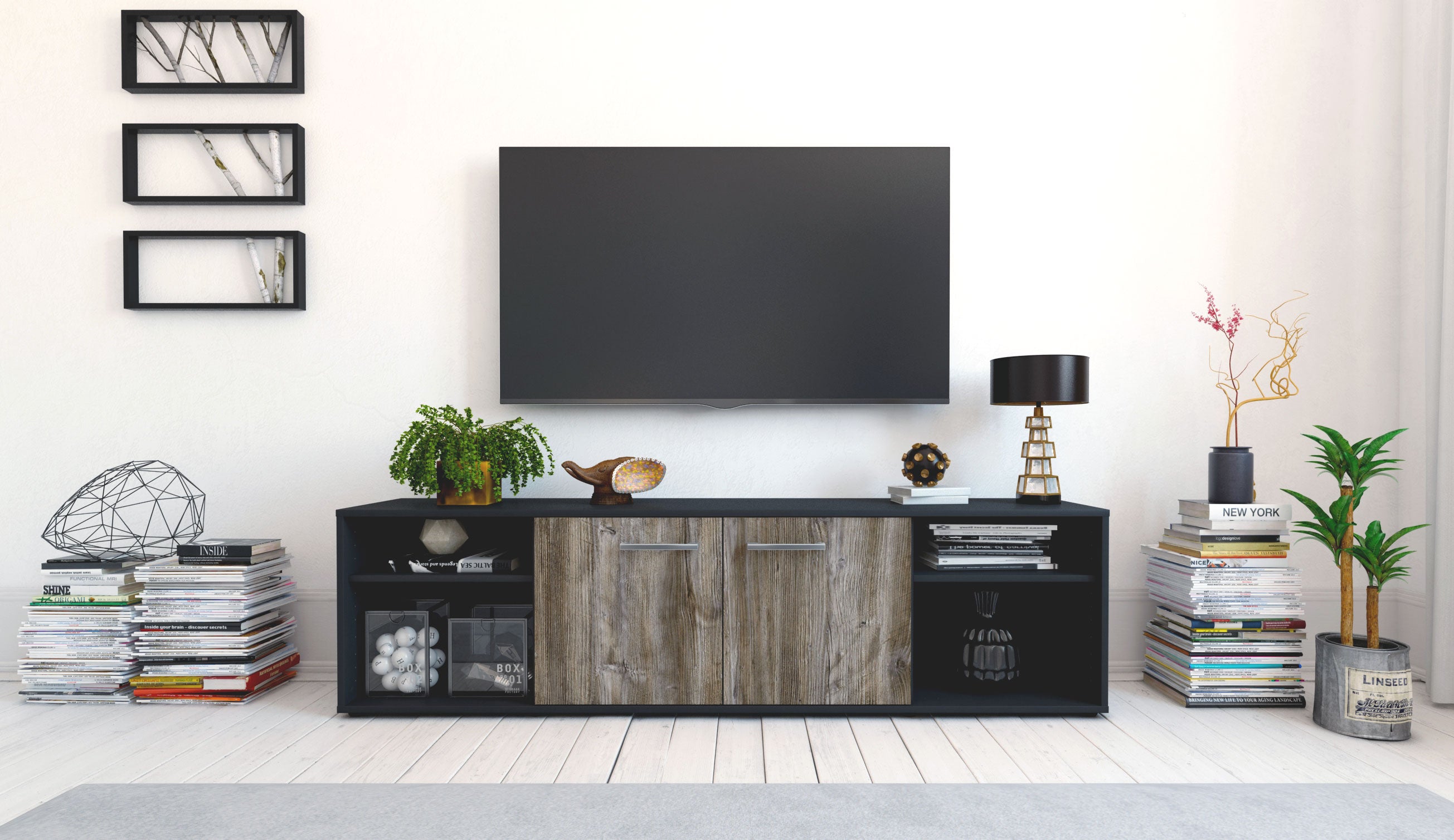 Lowboard - Asimo - Design Holzdekor - Freistehend mit Griffe 180 cm Anthrazit