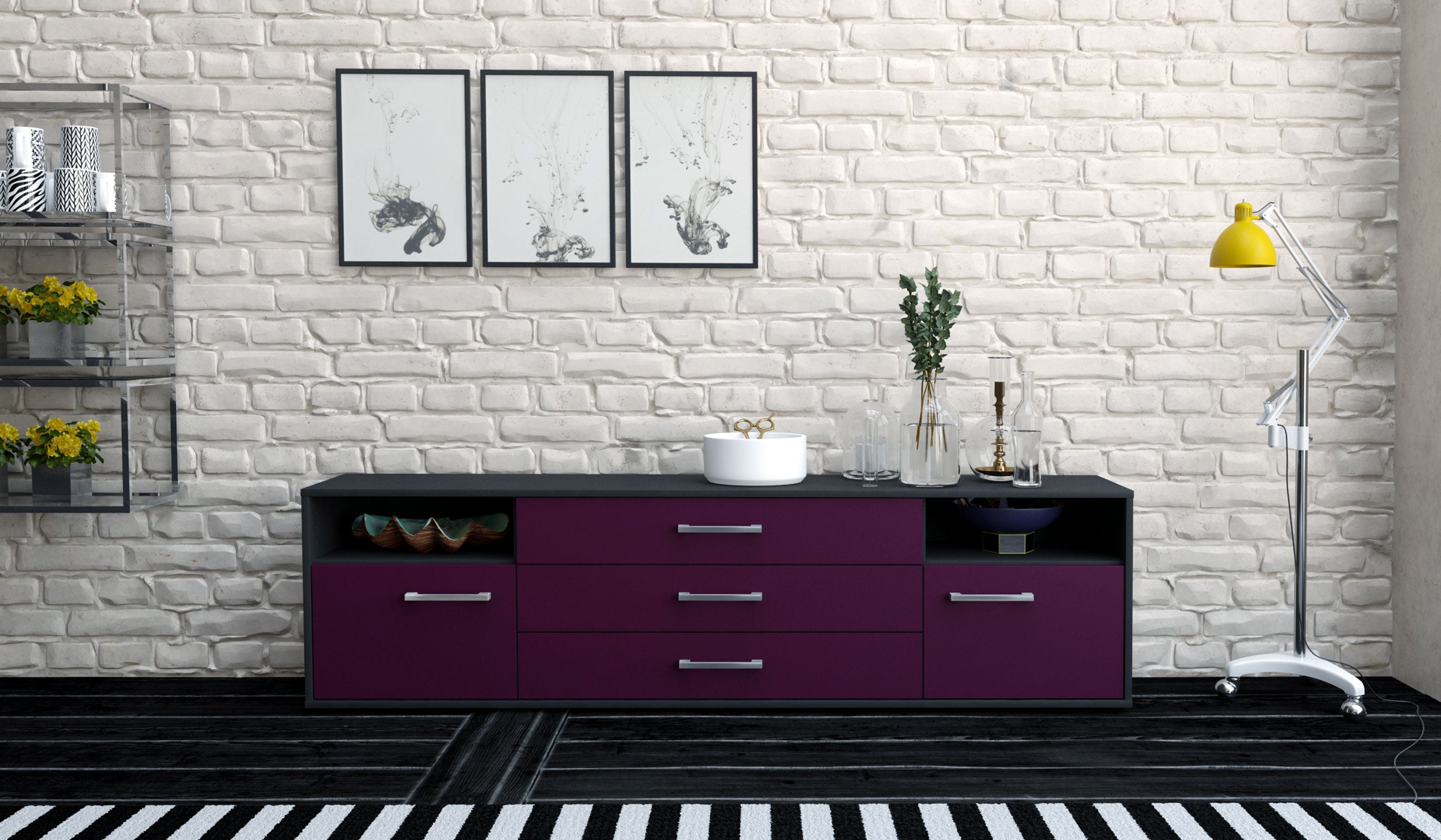 Lowboard - Bettina - Design Farbakzent - Freistehend mit Griffe 180 cm Anthrazit