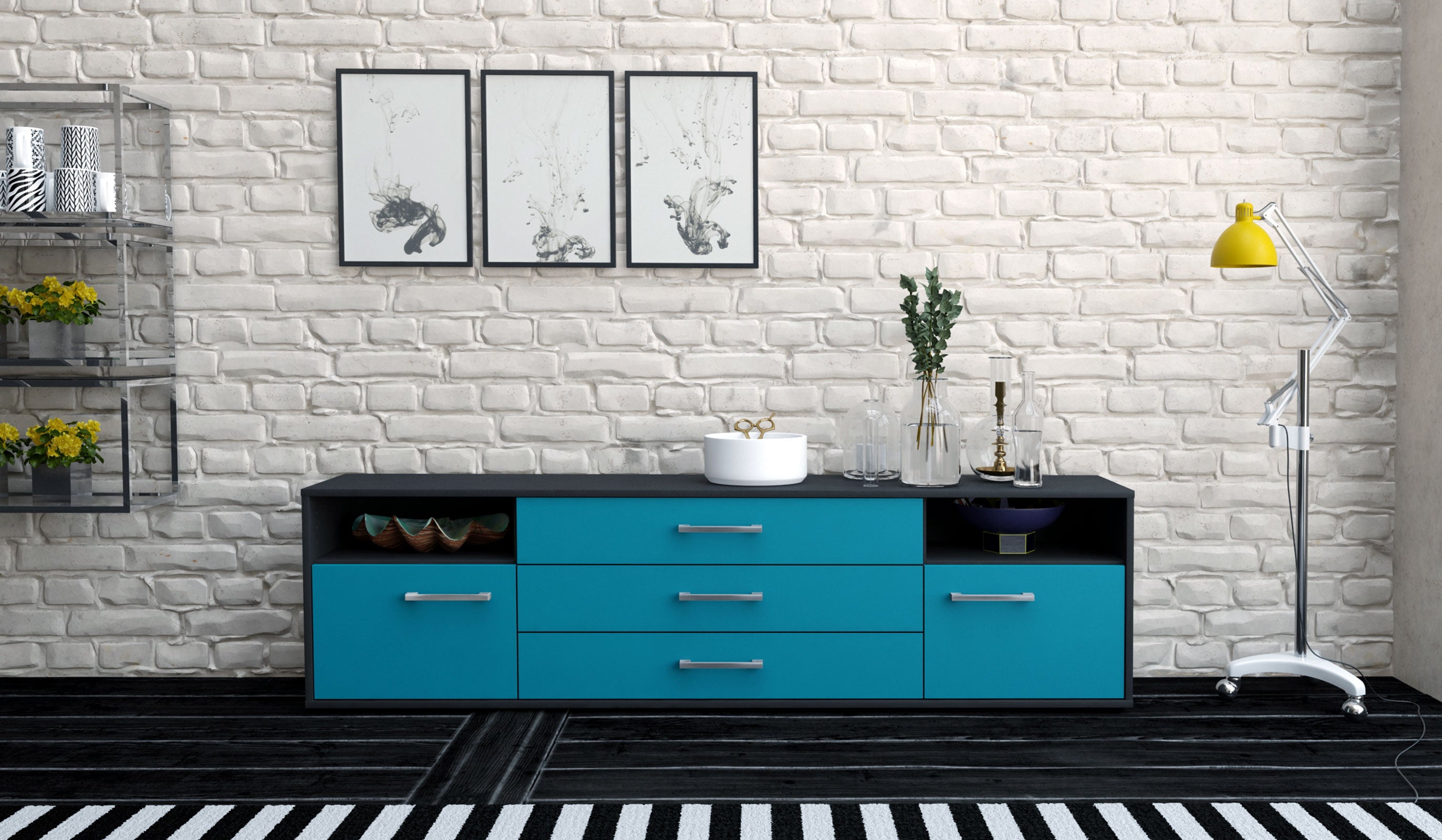 Lowboard - Bettina - Design Farbakzent - Freistehend mit Griffe 180 cm Anthrazit