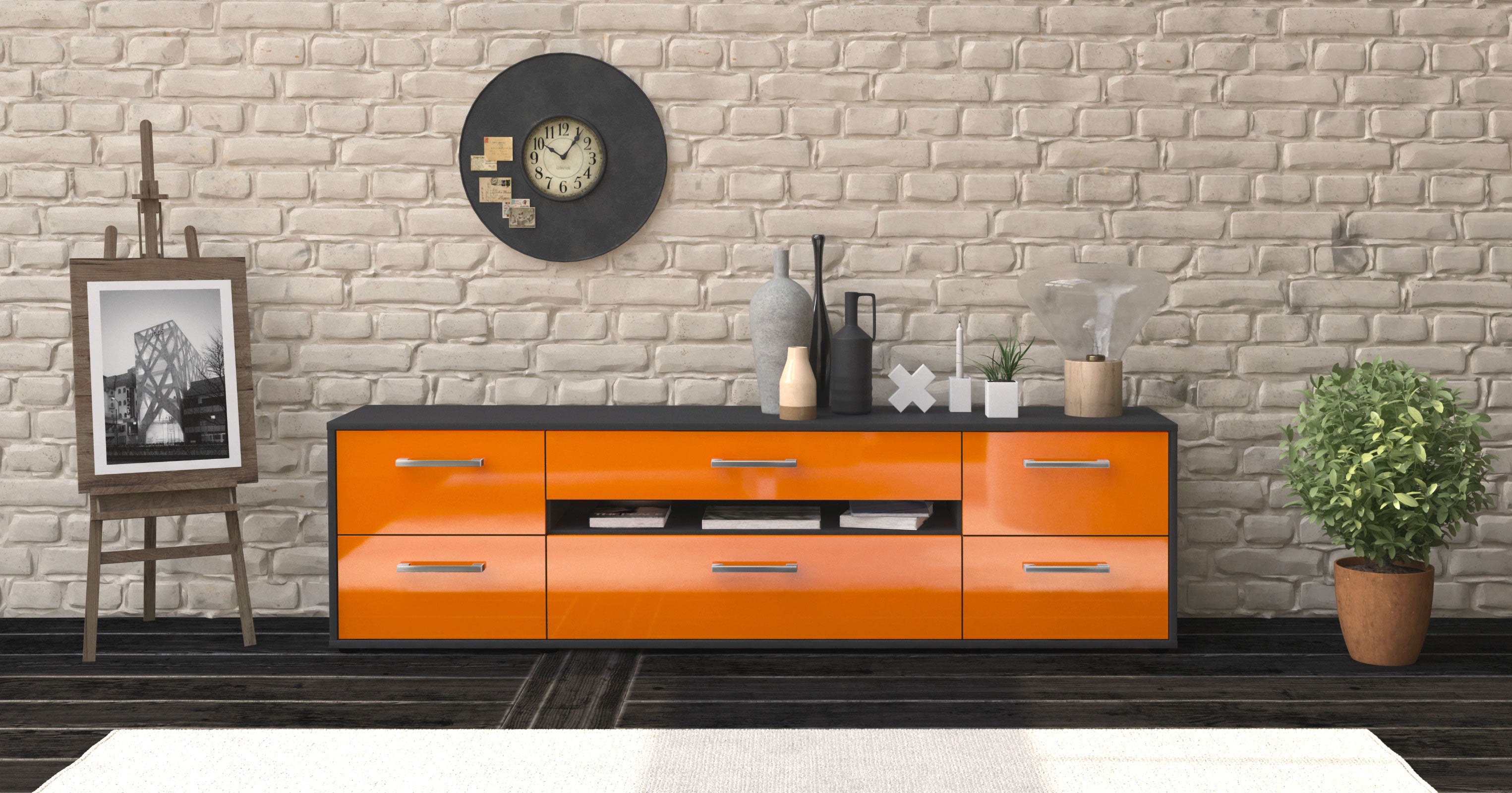 Lowboard - Bjonda - Design Hochglanz - Freistehend mit Griffe 180 cm Anthrazit