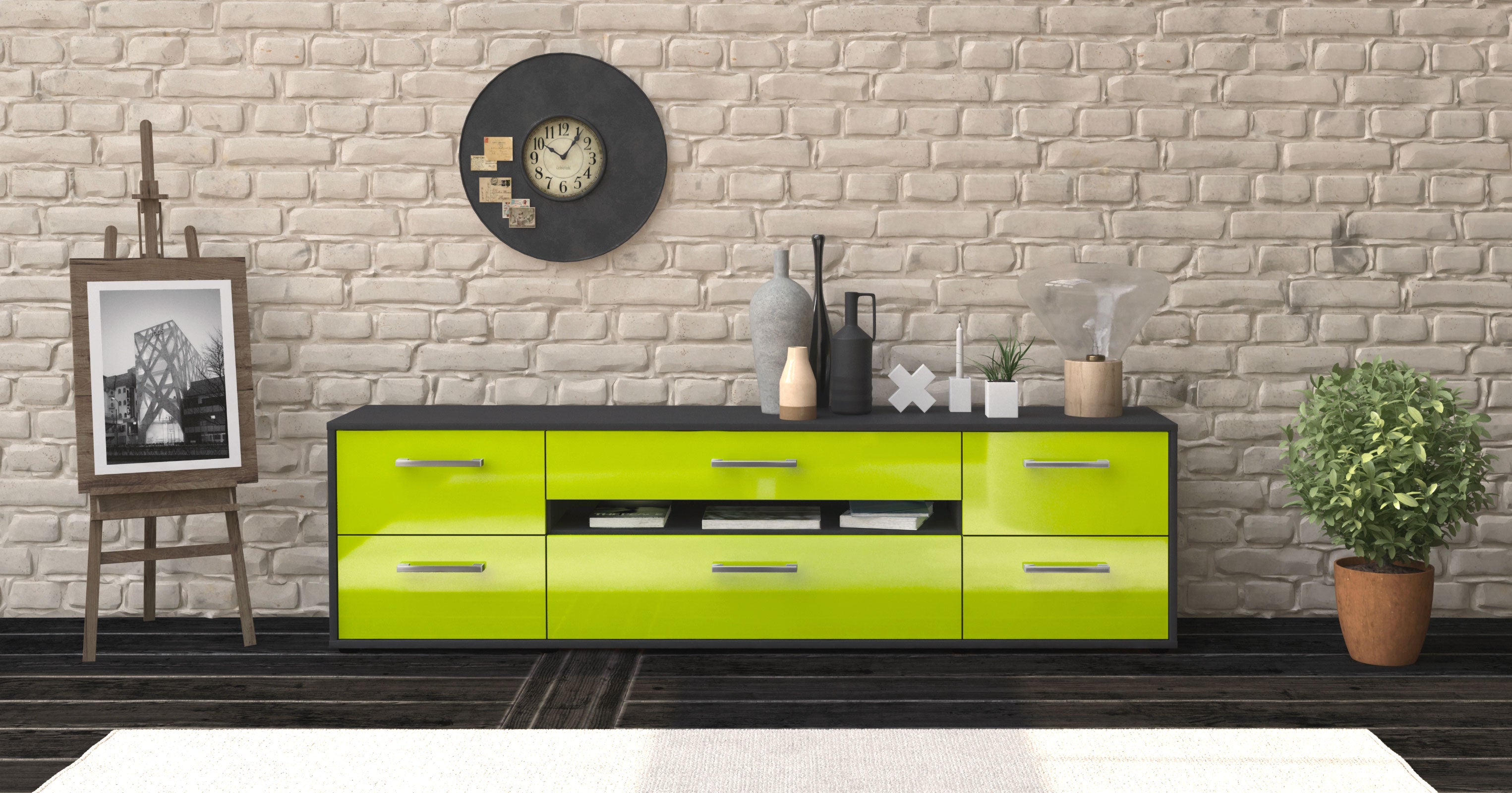 Lowboard - Bjonda - Design Hochglanz - Freistehend mit Griffe 180 cm Anthrazit