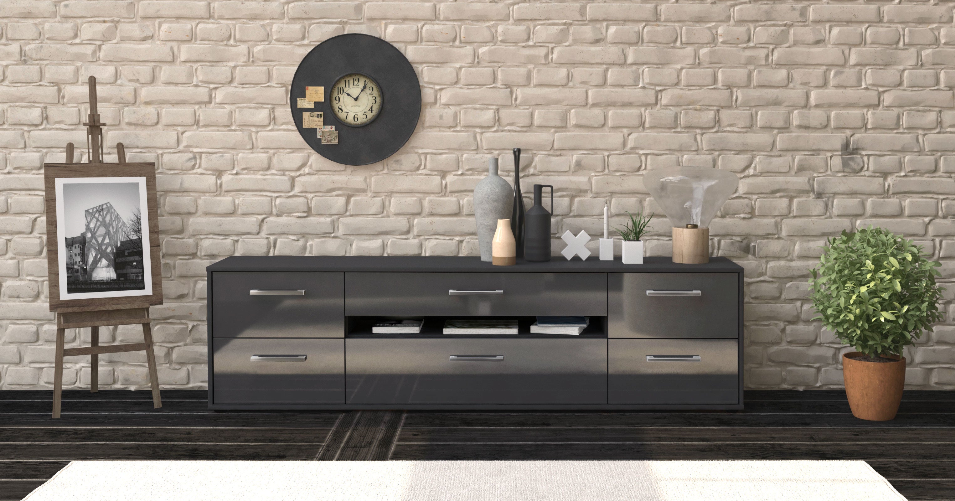 Lowboard - Bjonda - Design Hochglanz - Freistehend mit Griffe 180 cm Anthrazit