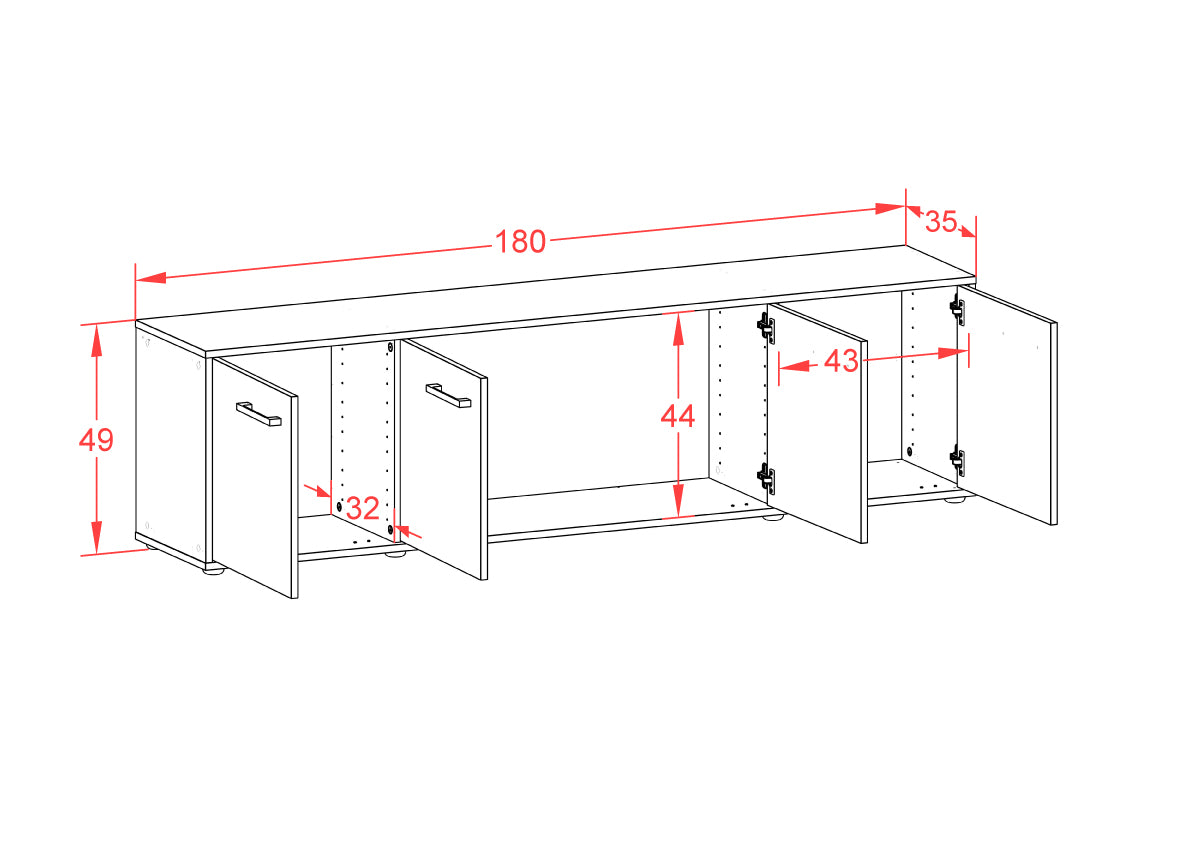 Lowboard - Antonia - Design Farbakzent - Freistehend mit Griffe 180 cm Weiss