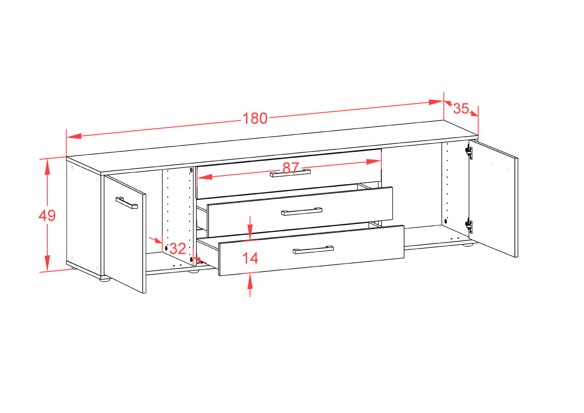 Lowboard - Ariella - Design Holzdekor - Freistehend mit Griffe 180 cm Weiss