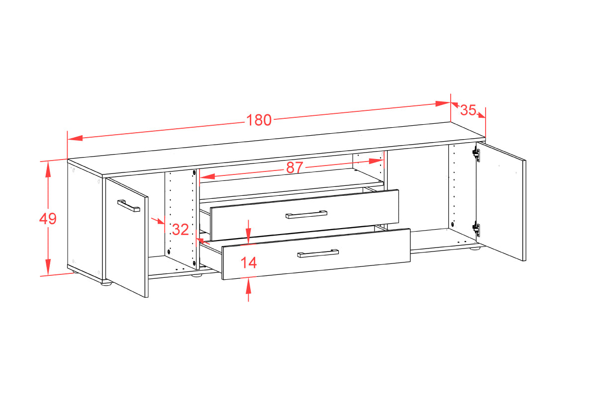 Lowboard - Armanda - Design Holzdekor - Freistehend mit Griffe 180 cm Weiss