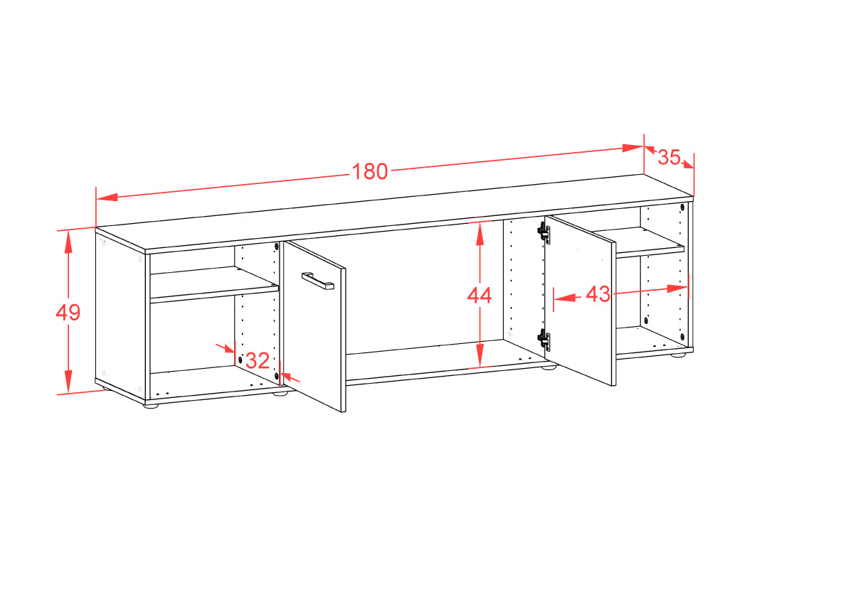 Lowboard - Asimo - Design Farbakzent - Freistehend mit Griffe 180 cm Weiss