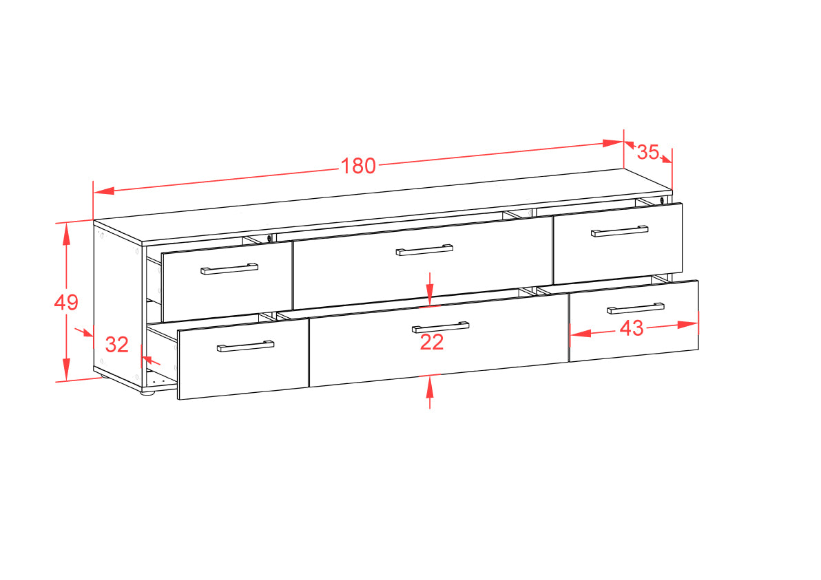 Lowboard - Assunta - Design Hochglanz - Freistehend mit Griffe 180 cm Weiss