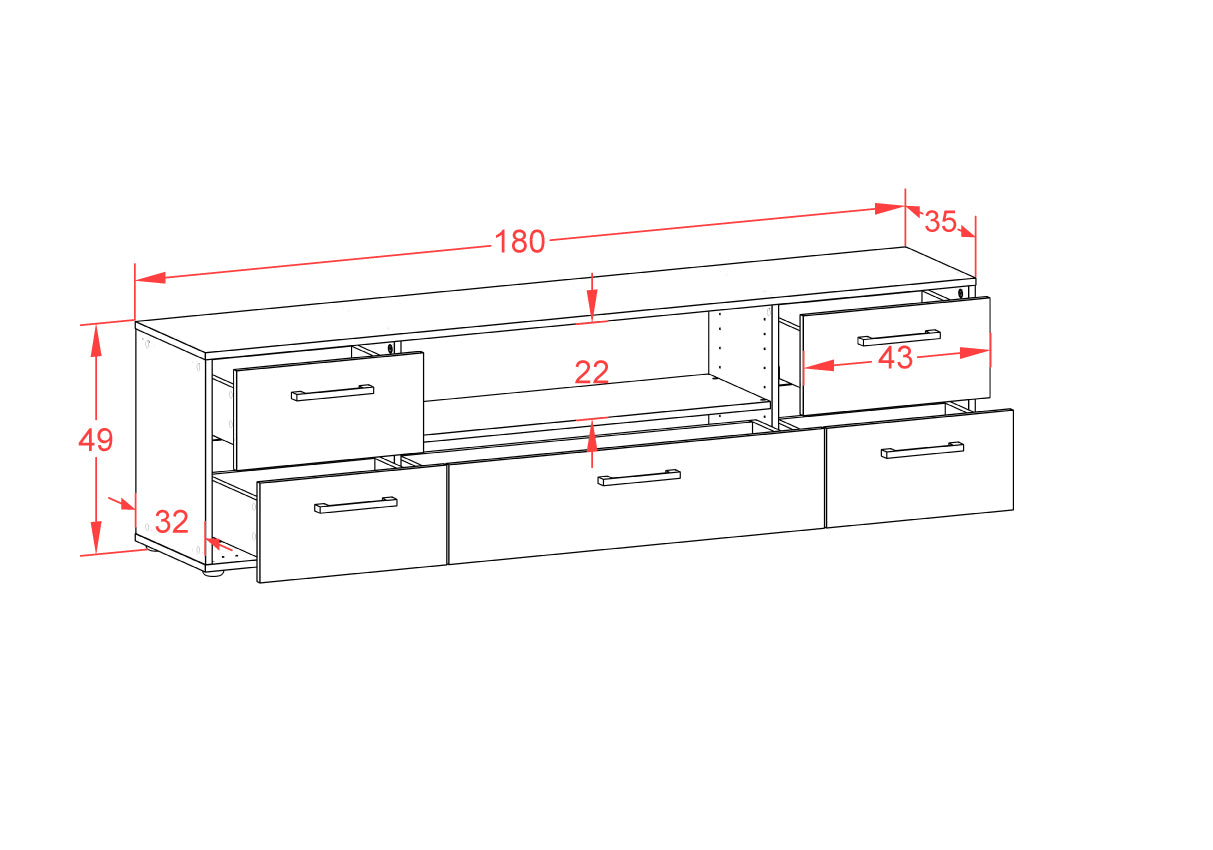Lowboard - Atlanta - Design Hochglanz - Freistehend mit Griffe 180 cm Weiss