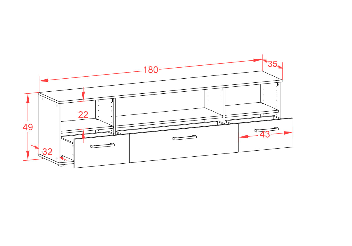 Lowboard - Aurelia - Design Farbakzent - Freistehend mit Griffe 180 cm Weiss