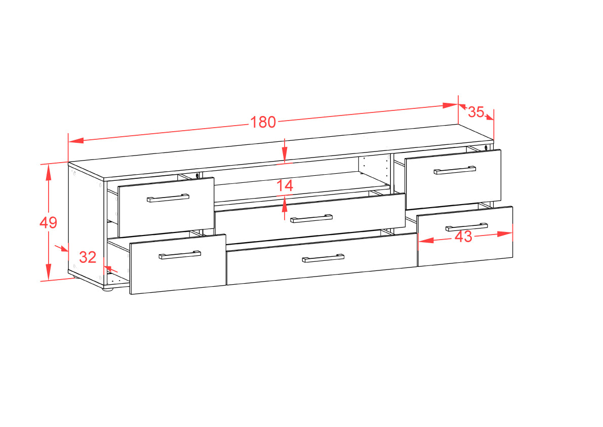 Lowboard - Aurora - Design Hochglanz - Freistehend mit Griffe 180 cm Weiss