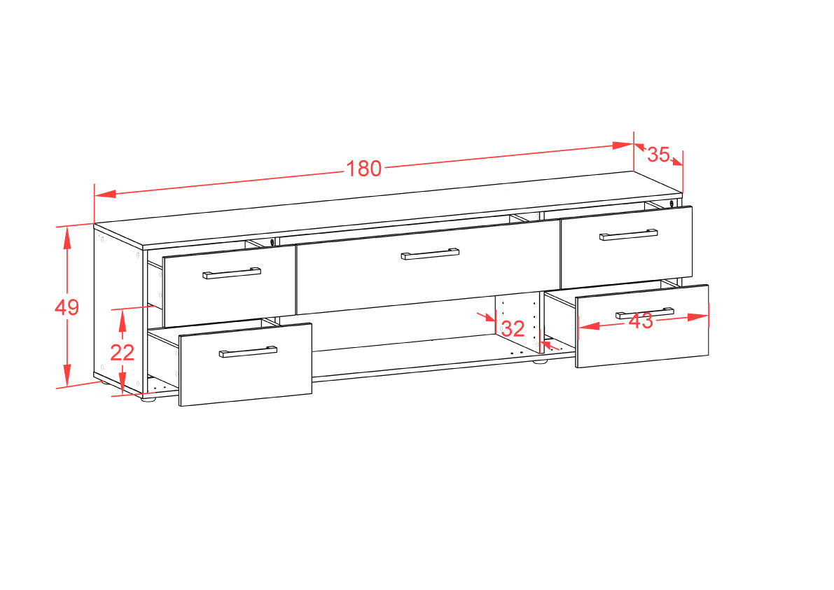 Lowboard - Babetta - Design Farbakzent - Freistehend mit Griffe 180 cm Weiss