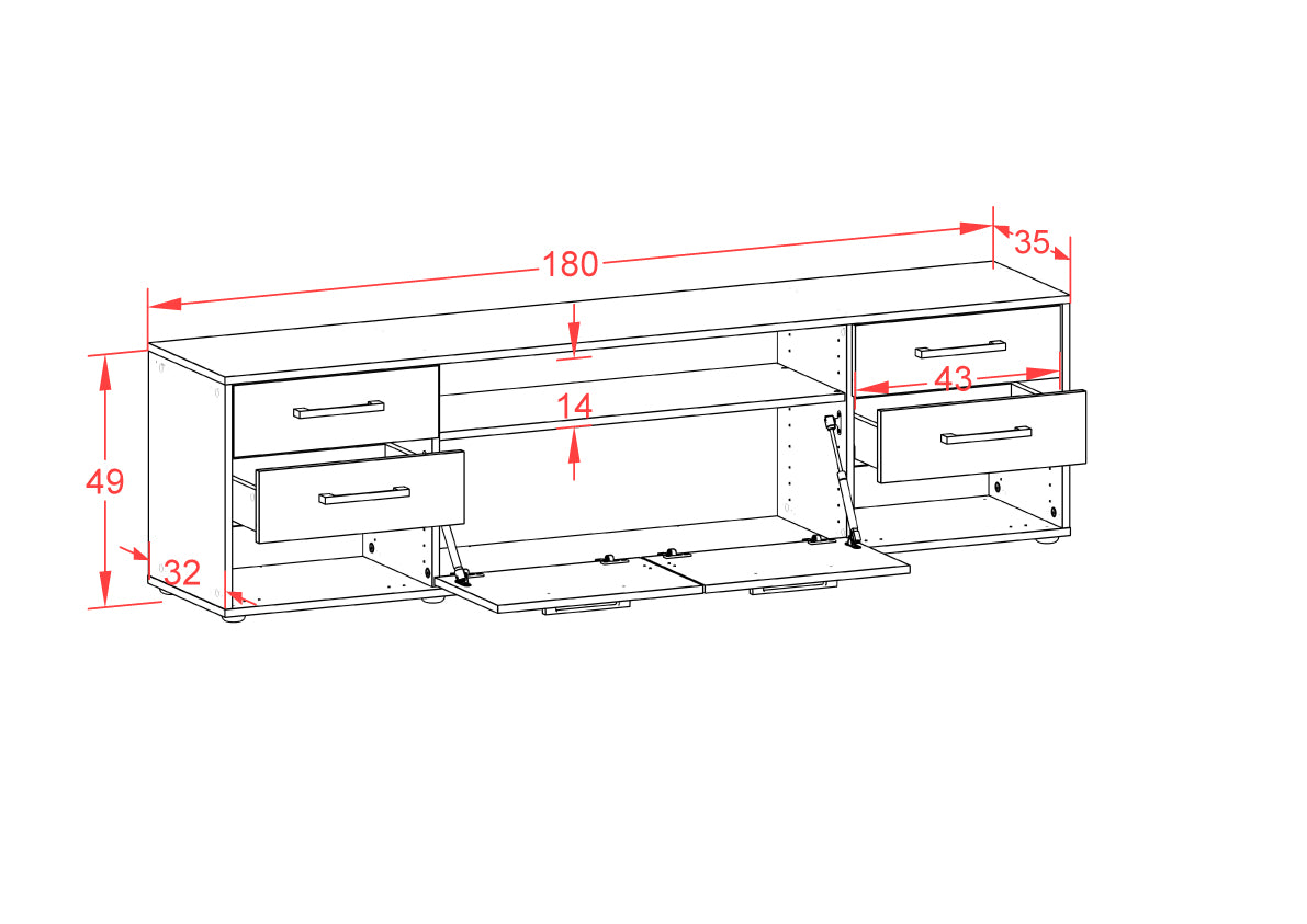 Lowboard - Barbara - Design Holzdekor - Freistehend mit Griffe 180 cm Weiss