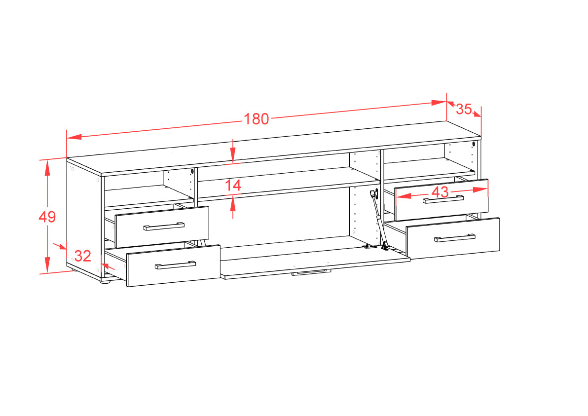 Lowboard - Belinda - Design Farbakzent - Freistehend mit Griffe 180 cm Weiss