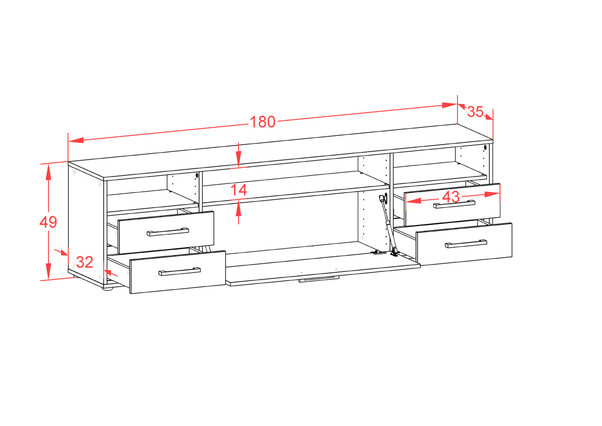 Lowboard - Bella - Design Farbakzent - Freistehend mit Griffe 180 cm Weiss