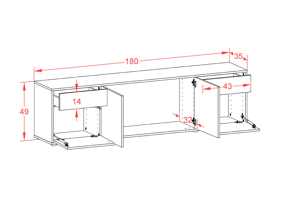 Lowboard - Benedetta - Design Farbakzent - Freistehend mit Griffe 180 cm Weiss