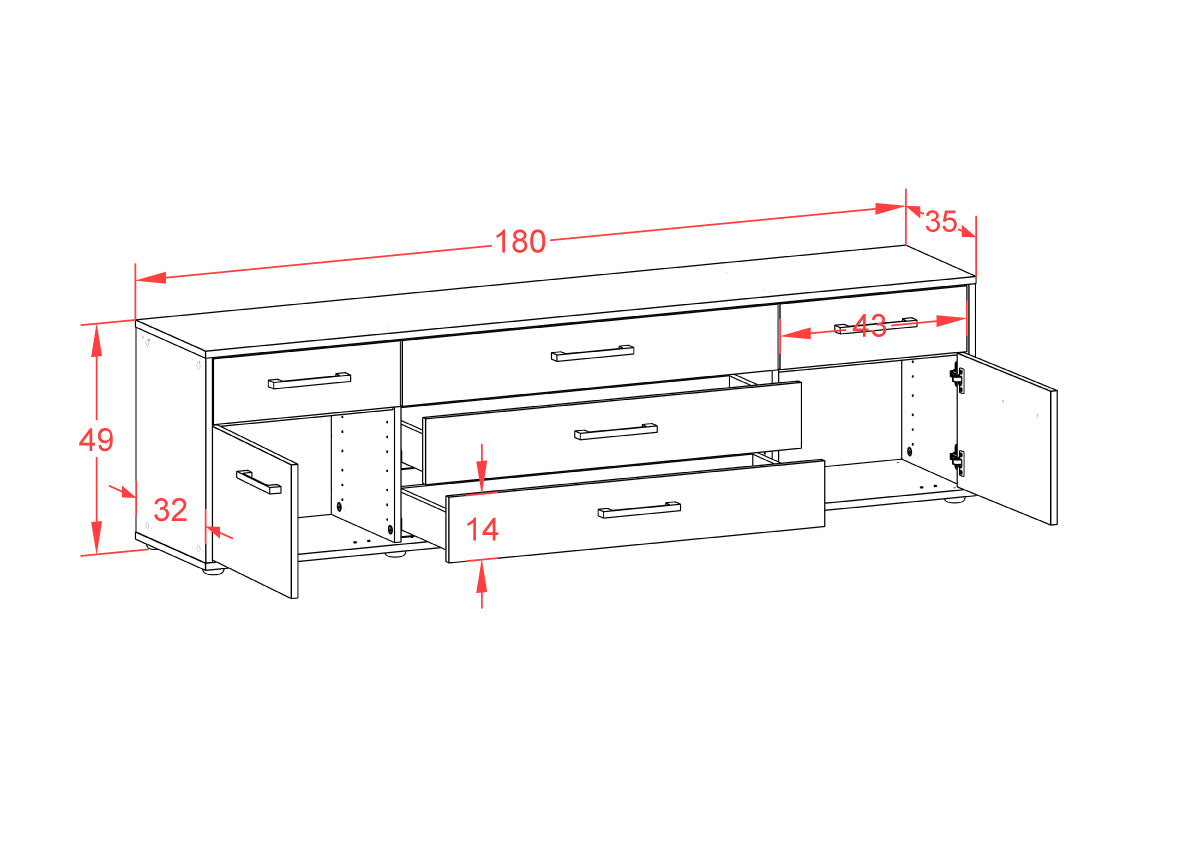 Lowboard - Benita - Design Hochglanz - Freistehend mit Griffe 180 cm Anthrazit