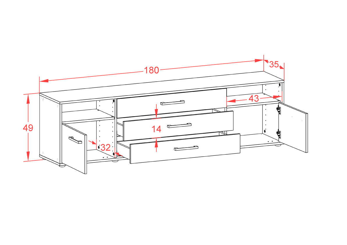 Lowboard - Bettina - Design Farbakzent - Freistehend mit Griffe 180 cm Weiss