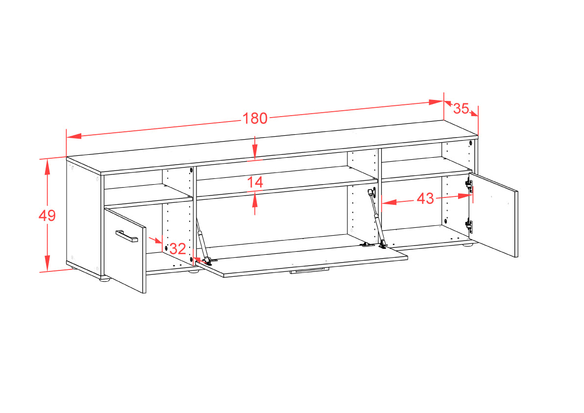 Lowboard - BIANCA - Design Hochglanz - Freistehend mit Griffe 180 cm Weiss