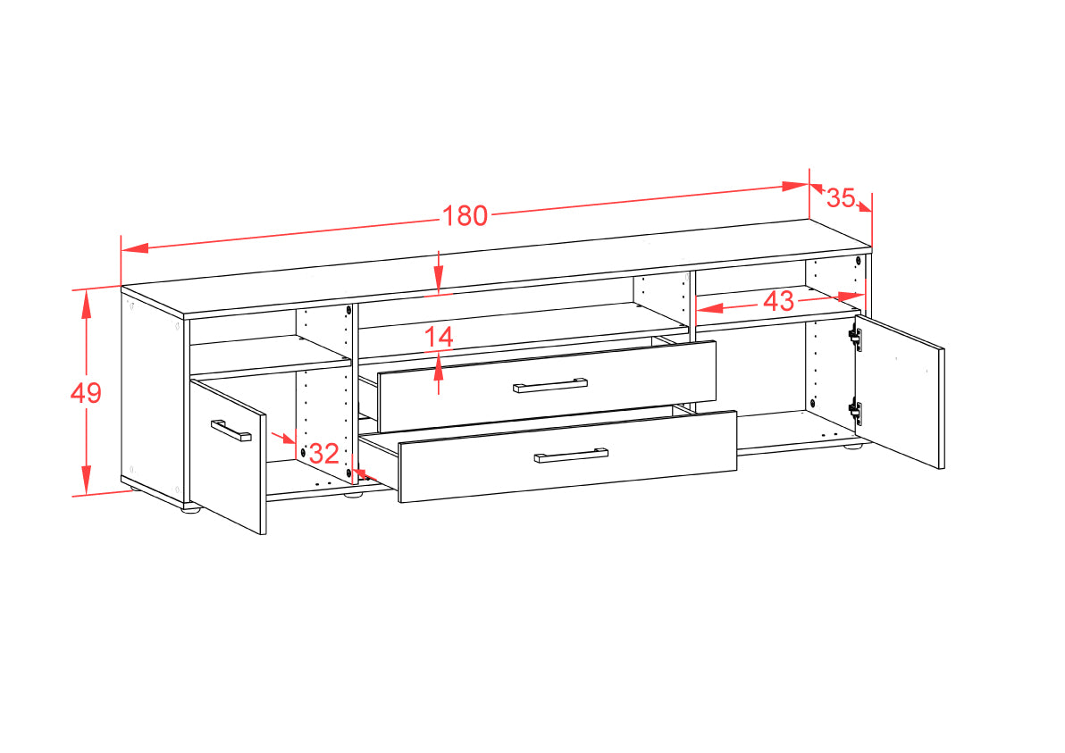 Lowboard - Biancaneve - Design Hochglanz - Freistehend mit Griffe 180 cm Anthrazit