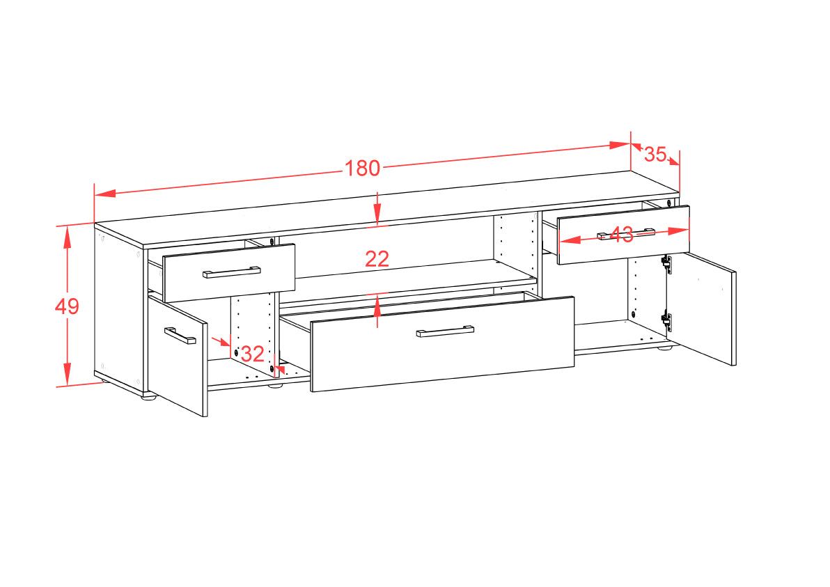 Lowboard - Biggi - Design Farbakzent - Freistehend mit Griffe 180 cm Weiss