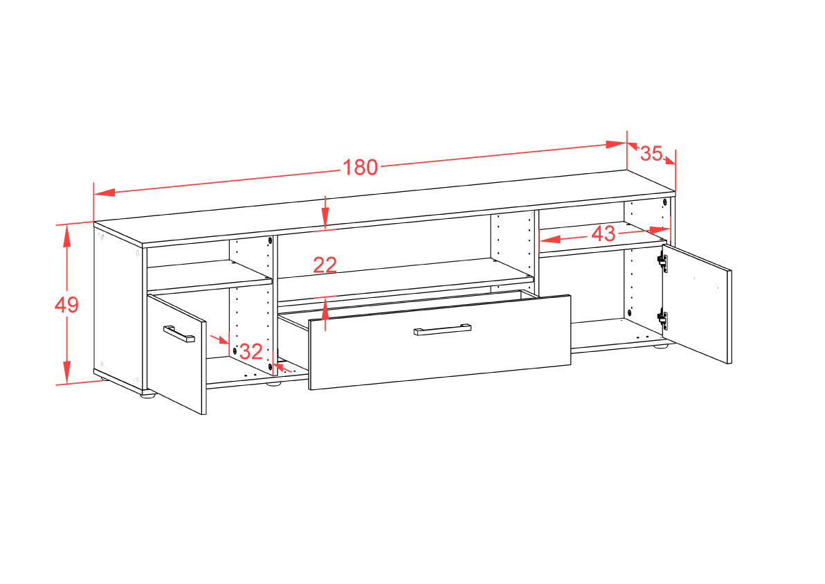 Lowboard - Bionda - Design Farbakzent - Freistehend mit Griffe 180 cm Weiss