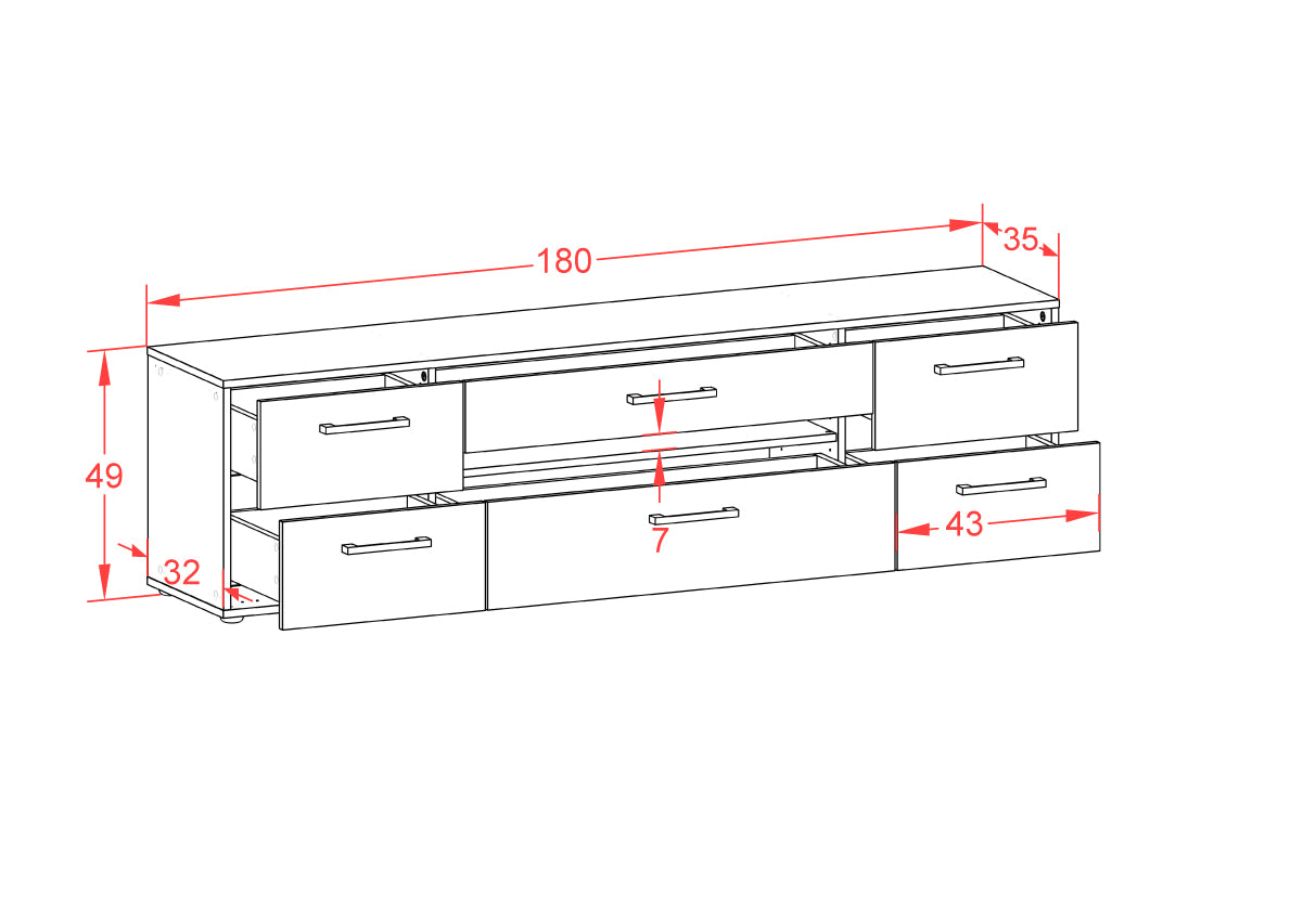 Lowboard - Bjonda - Design Hochglanz - Freistehend mit Griffe 180 cm Anthrazit