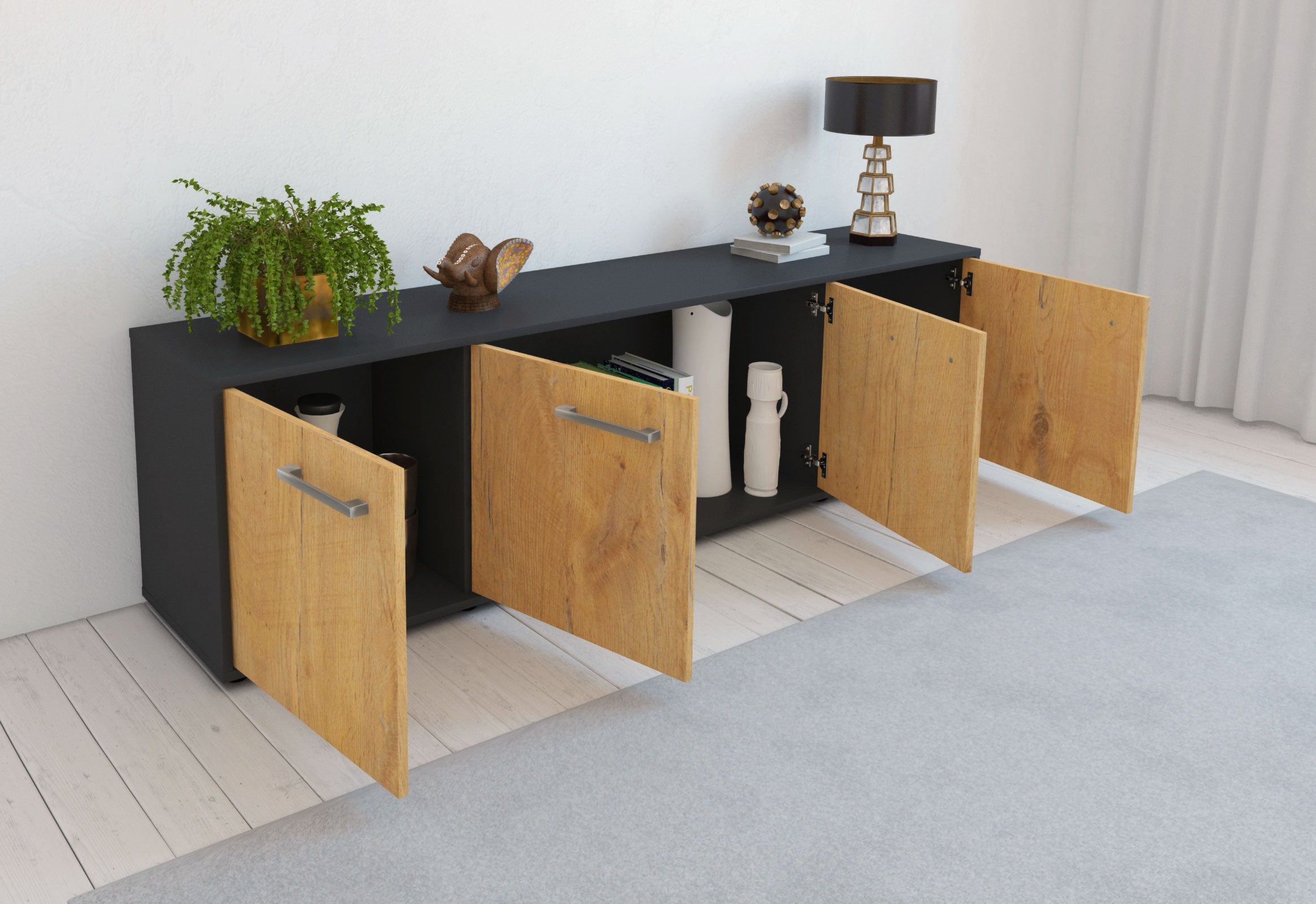 Lowboard - Antonia - Design Holzdekor - Freistehend mit Griffe 180 cm Anthrazit