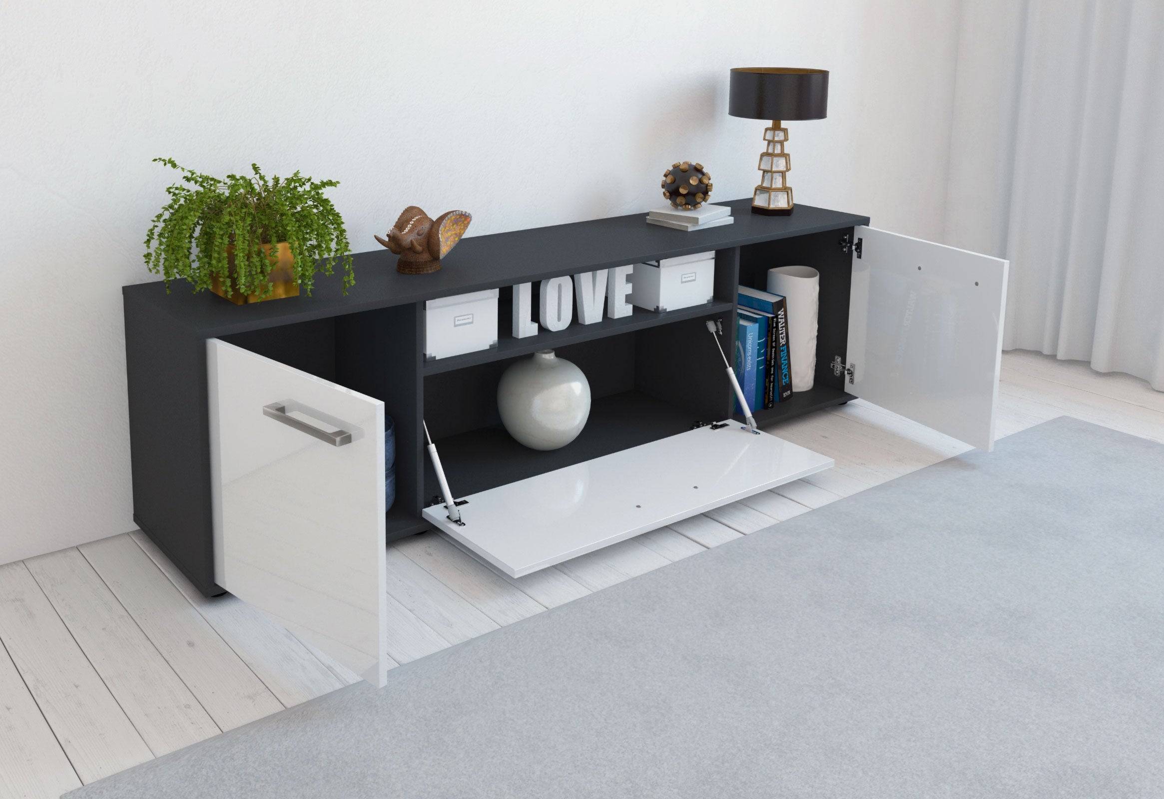 Lowboard - Ariana - Design Hochglanz - Freistehend mit Griffe 180 cm Anthrazit
