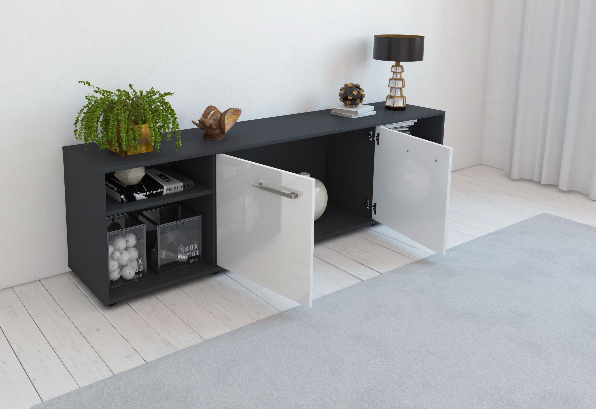 Lowboard - Asimo - Design Hochglanz - Freistehend mit Griffe 180 cm Anthrazit