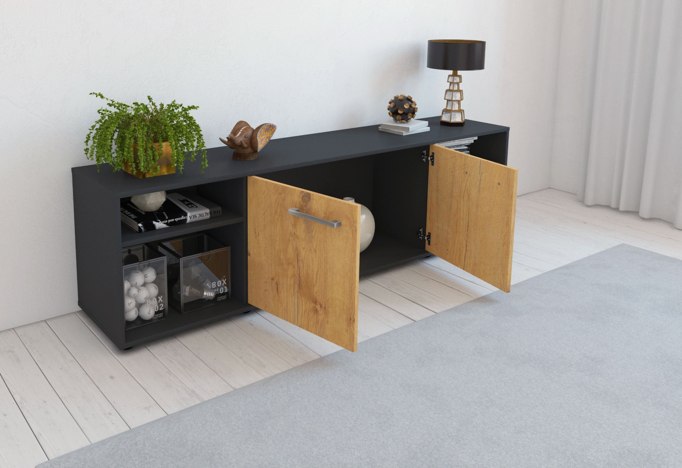 Lowboard - Asimo - Design Holzdekor - Freistehend mit Griffe 180 cm Anthrazit