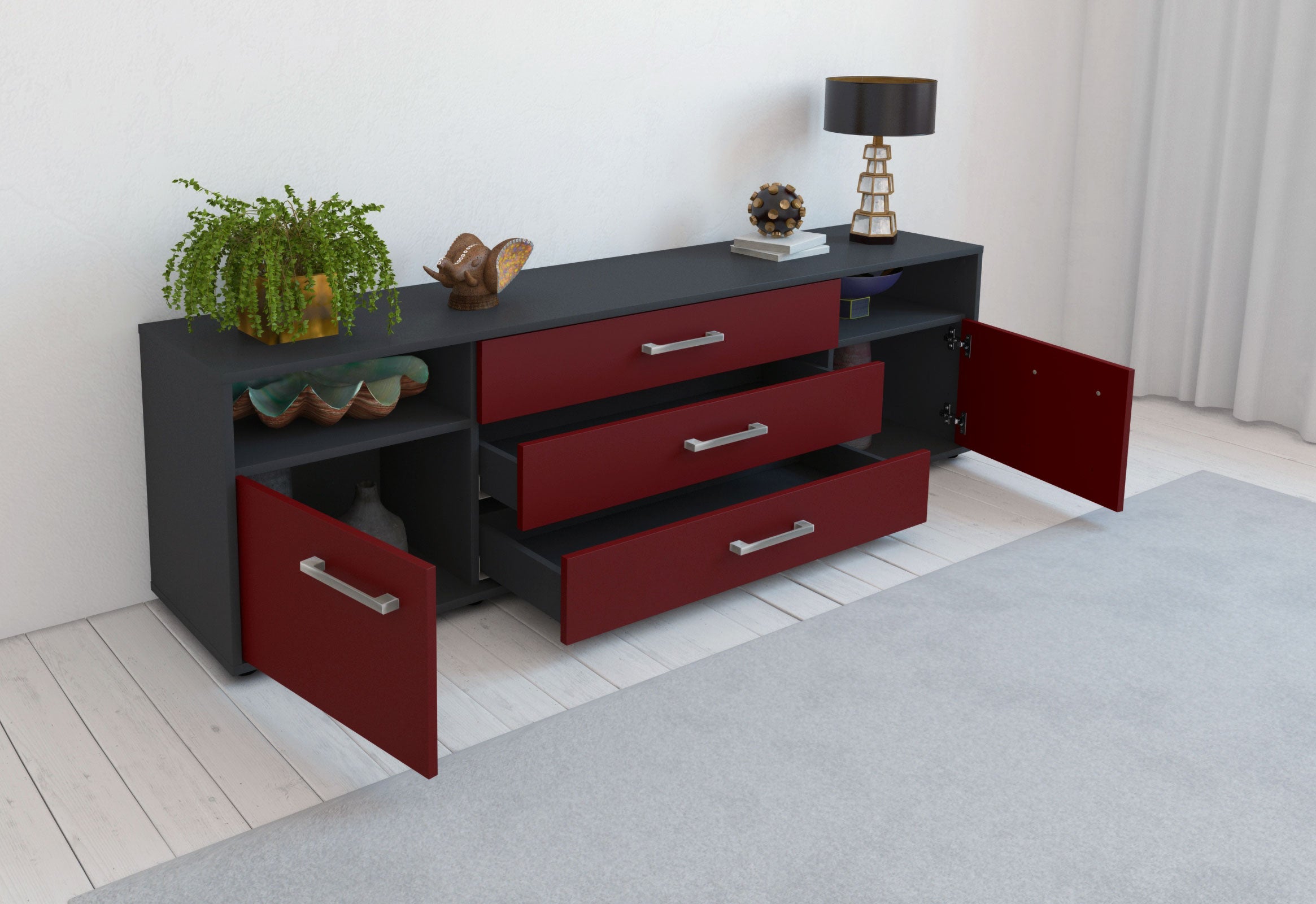 Lowboard - Bettina - Design Farbakzent - Freistehend mit Griffe 180 cm Anthrazit