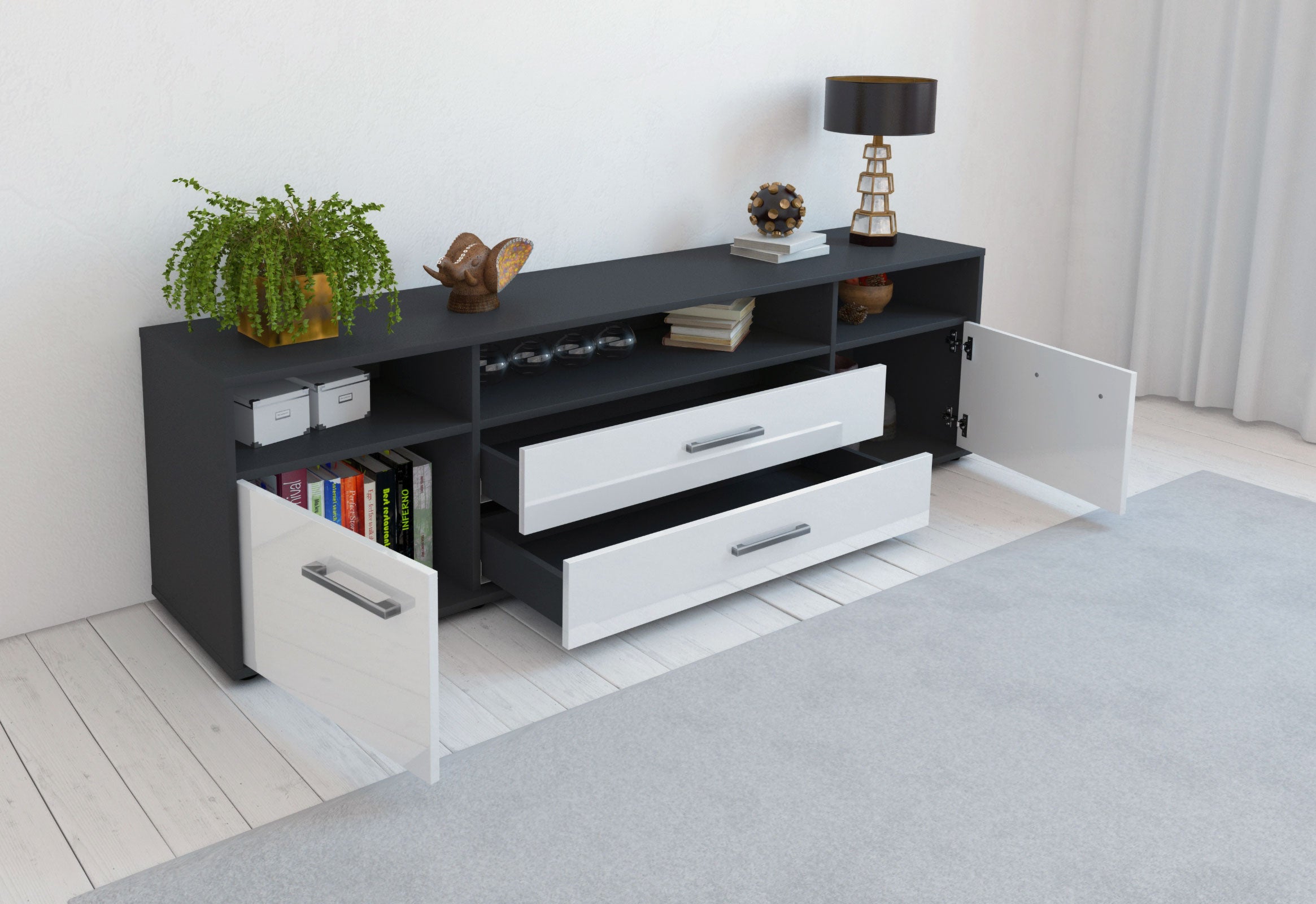 Lowboard - Biancaneve - Design Hochglanz - Freistehend mit Griffe 180 cm Anthrazit