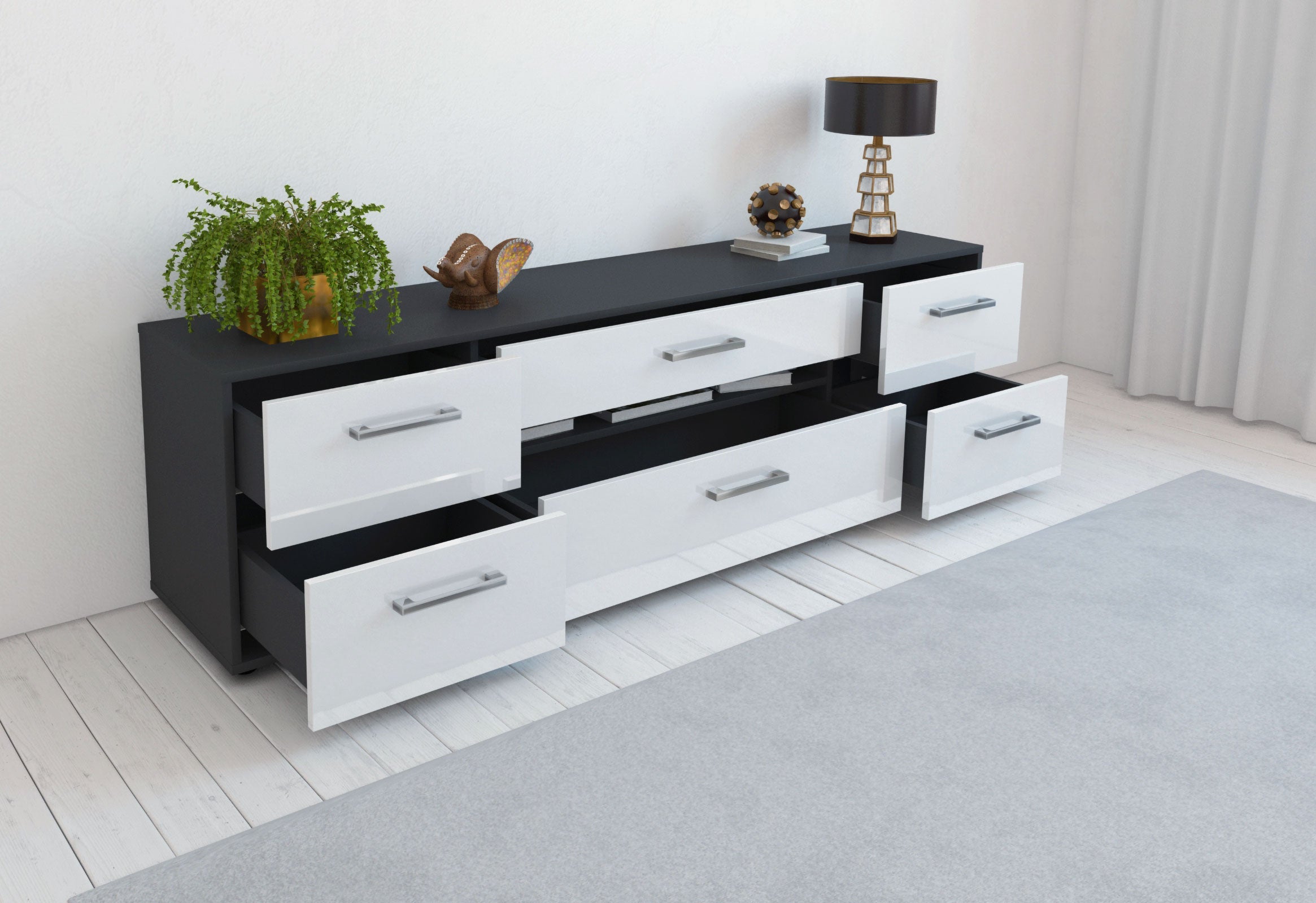 Lowboard - Bjonda - Design Hochglanz - Freistehend mit Griffe 180 cm Anthrazit