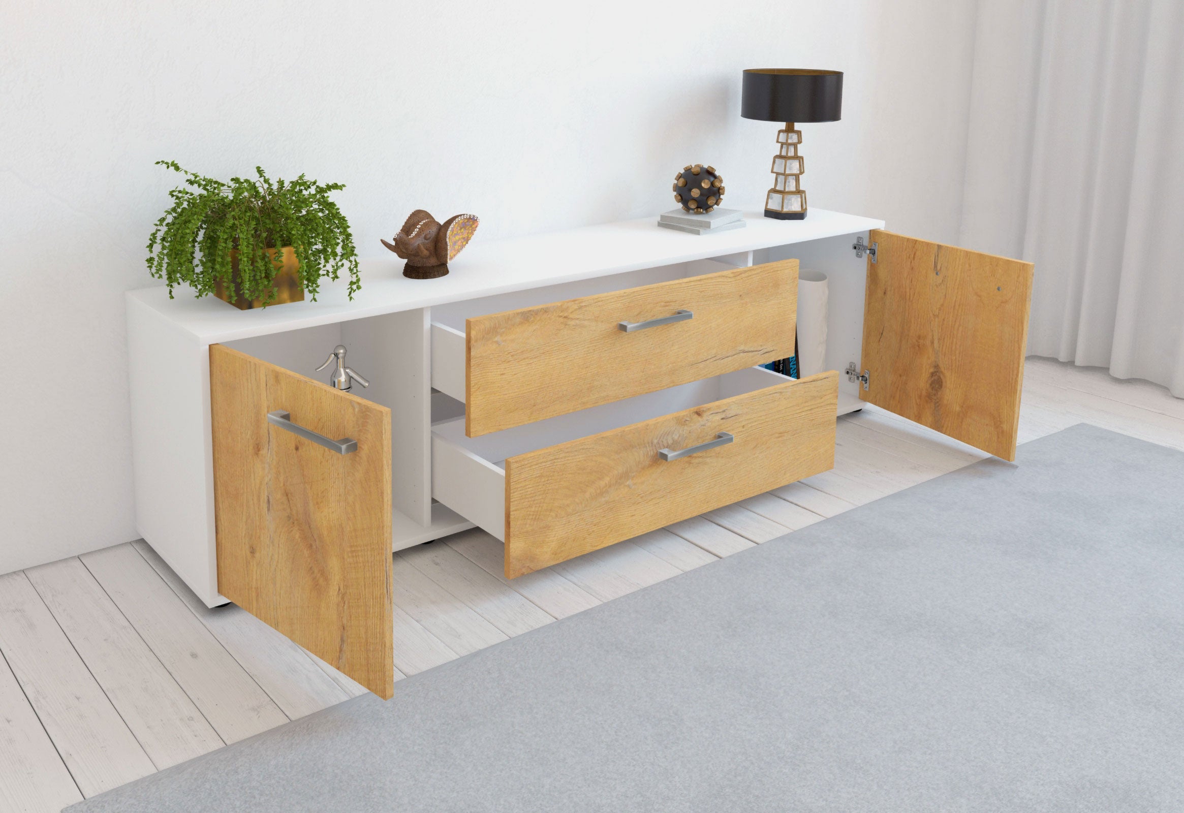 Lowboard - Aquilina - Design Holzdekor - Freistehend mit Griffe 180 cm Weiss