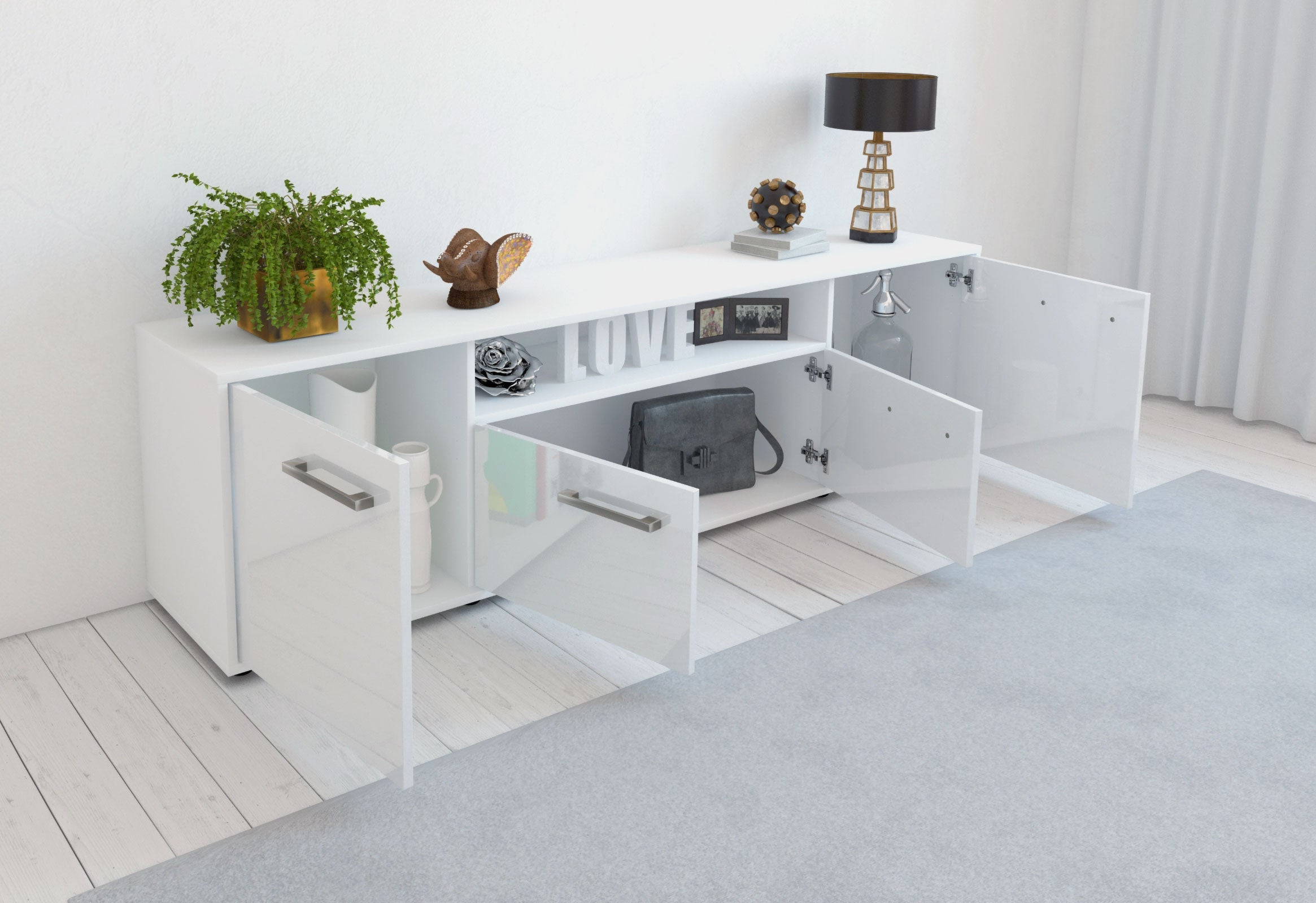 Lowboard - Arianna - Design Hochglanz - Freistehend mit Griffe 180 cm Weiss