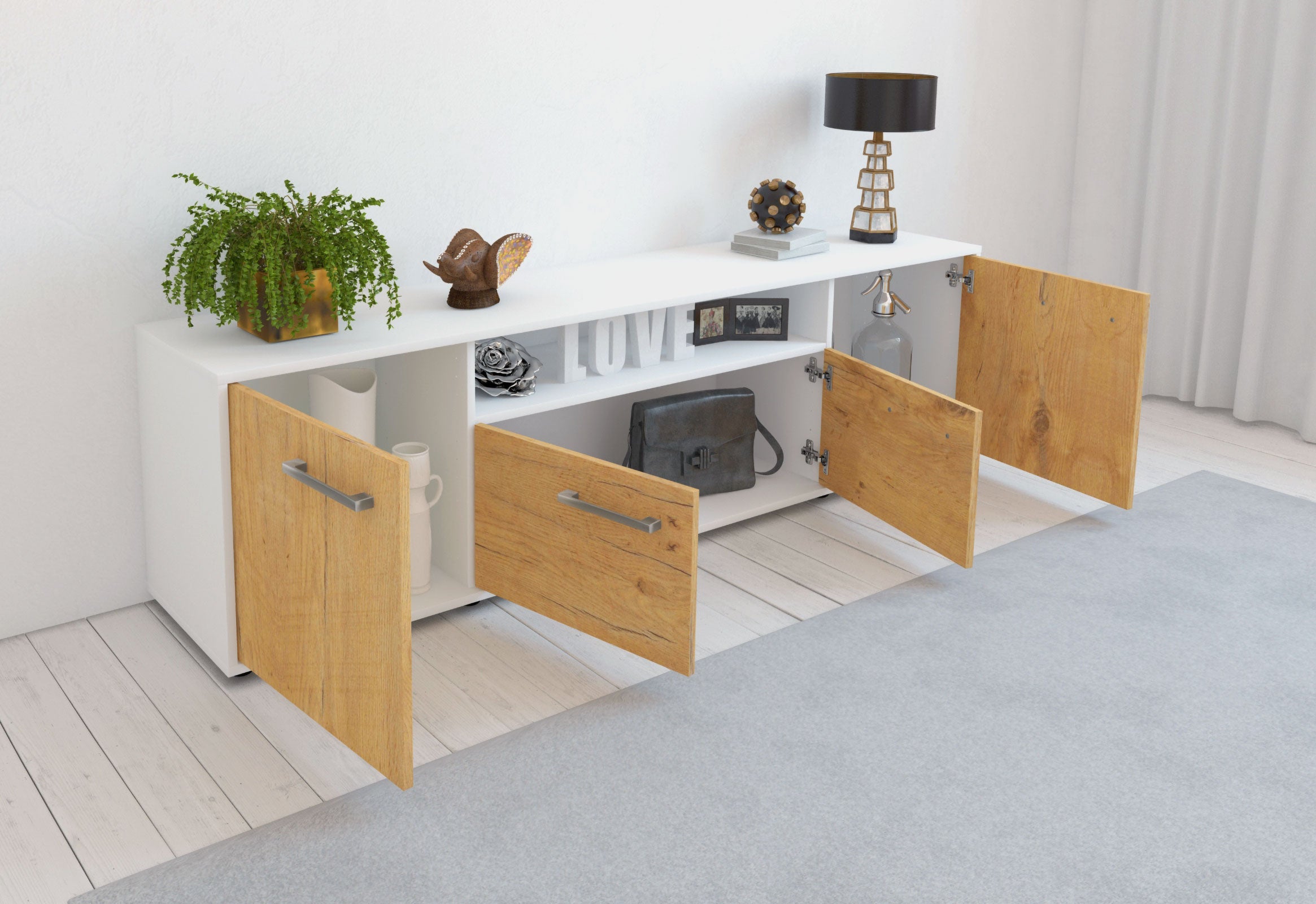 Lowboard - Arianna - Design Holzdekor - Freistehend mit Griffe 180 cm Weiss