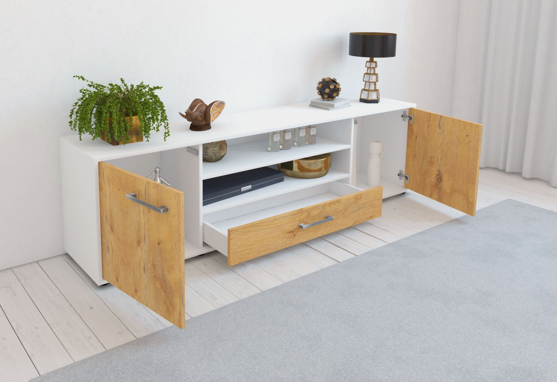 Lowboard - Armida - Design Holzdekor - Freistehend mit Griffe 180 cm Weiss