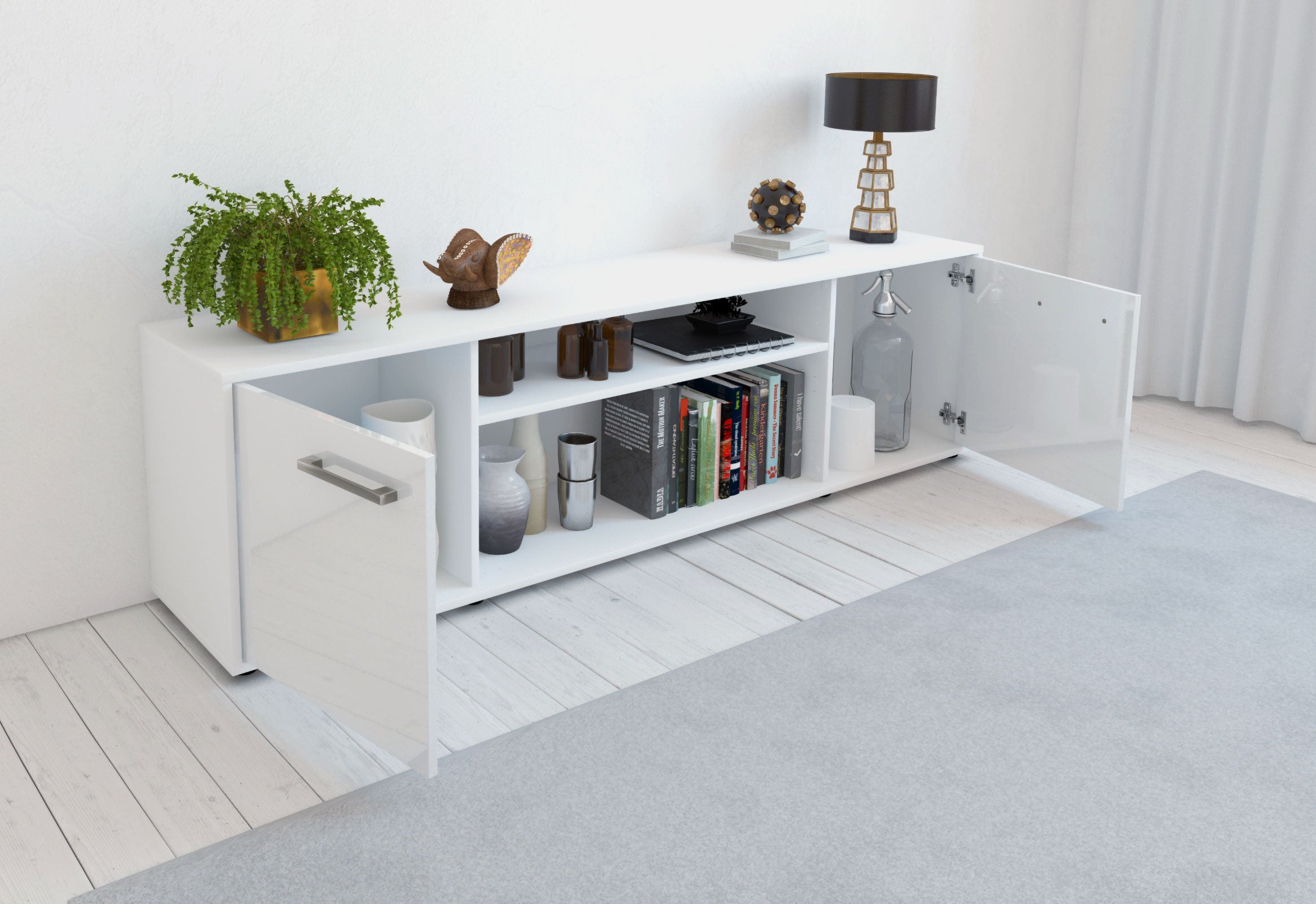 Lowboard - Asia - Design Hochglanz - Freistehend mit Griffe 180 cm Weiss