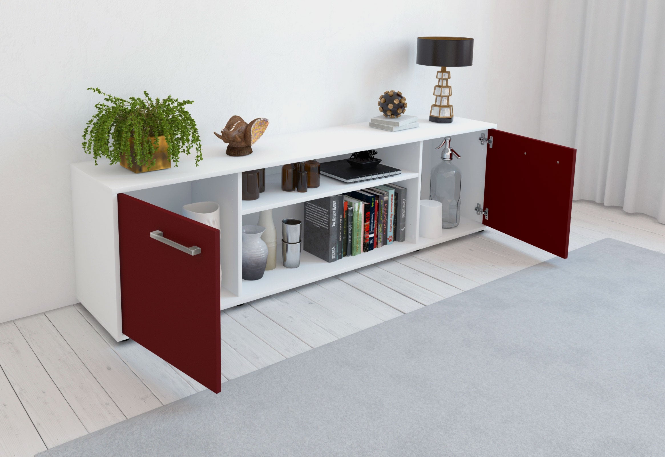 Lowboard - Asia - Design Farbakzent - Freistehend mit Griffe 180 cm Weiss