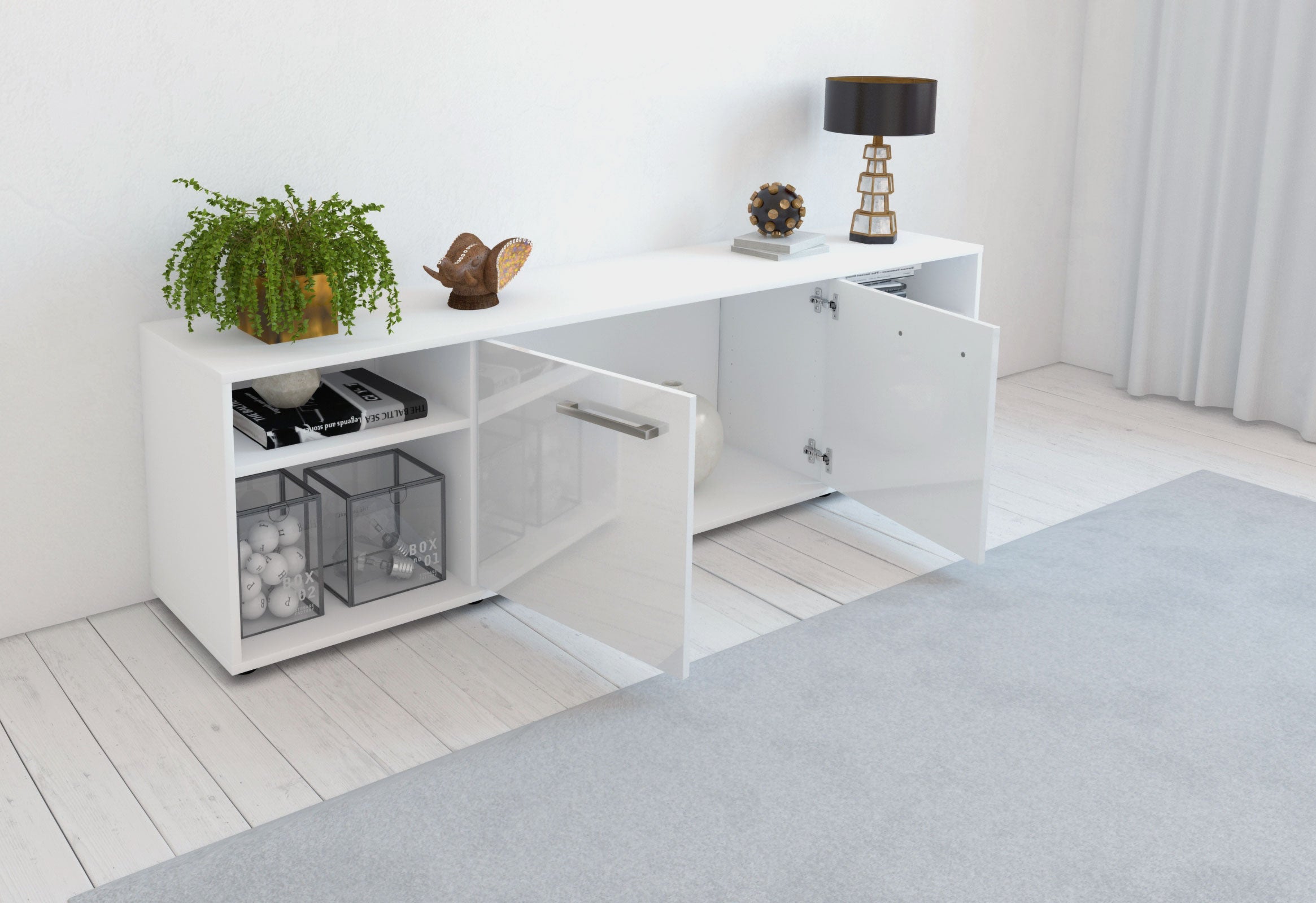 Lowboard - Asimo - Design Hochglanz - Freistehend mit Griffe 180 cm Weiss