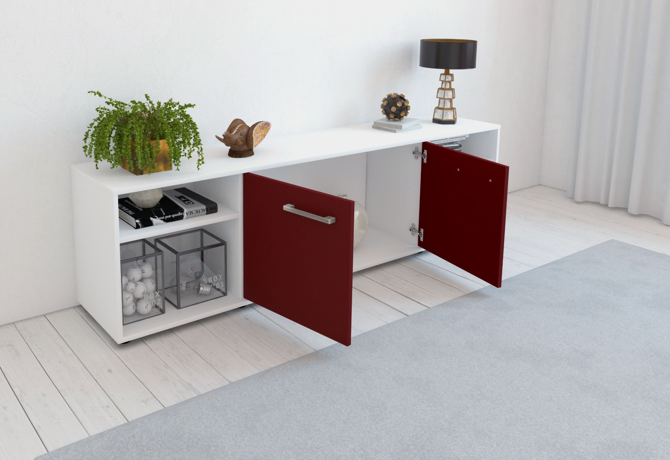 Lowboard - Asimo - Design Farbakzent - Freistehend mit Griffe 180 cm Weiss
