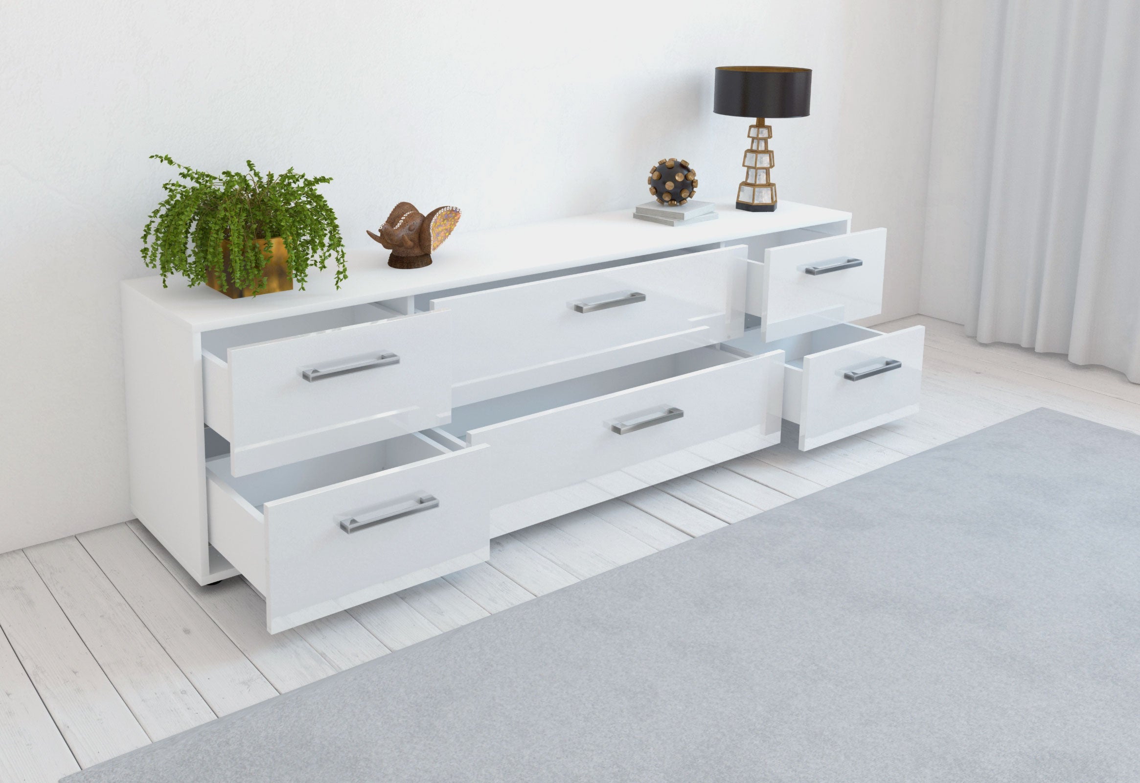 Lowboard - Assunta - Design Hochglanz - Freistehend mit Griffe 180 cm Weiss