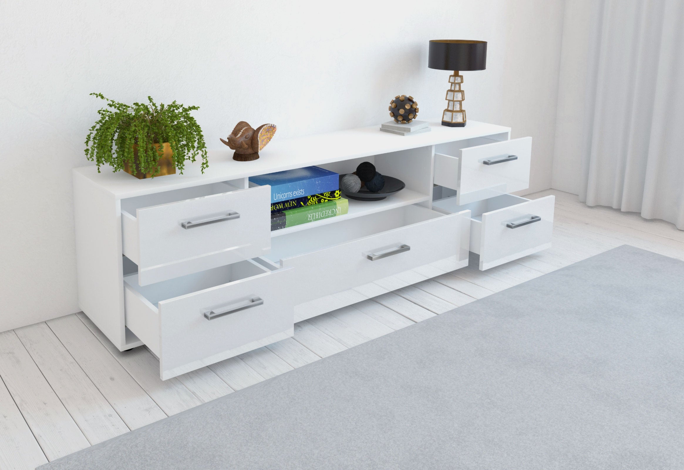 Lowboard - Atlanta - Design Hochglanz - Freistehend mit Griffe 180 cm Weiss