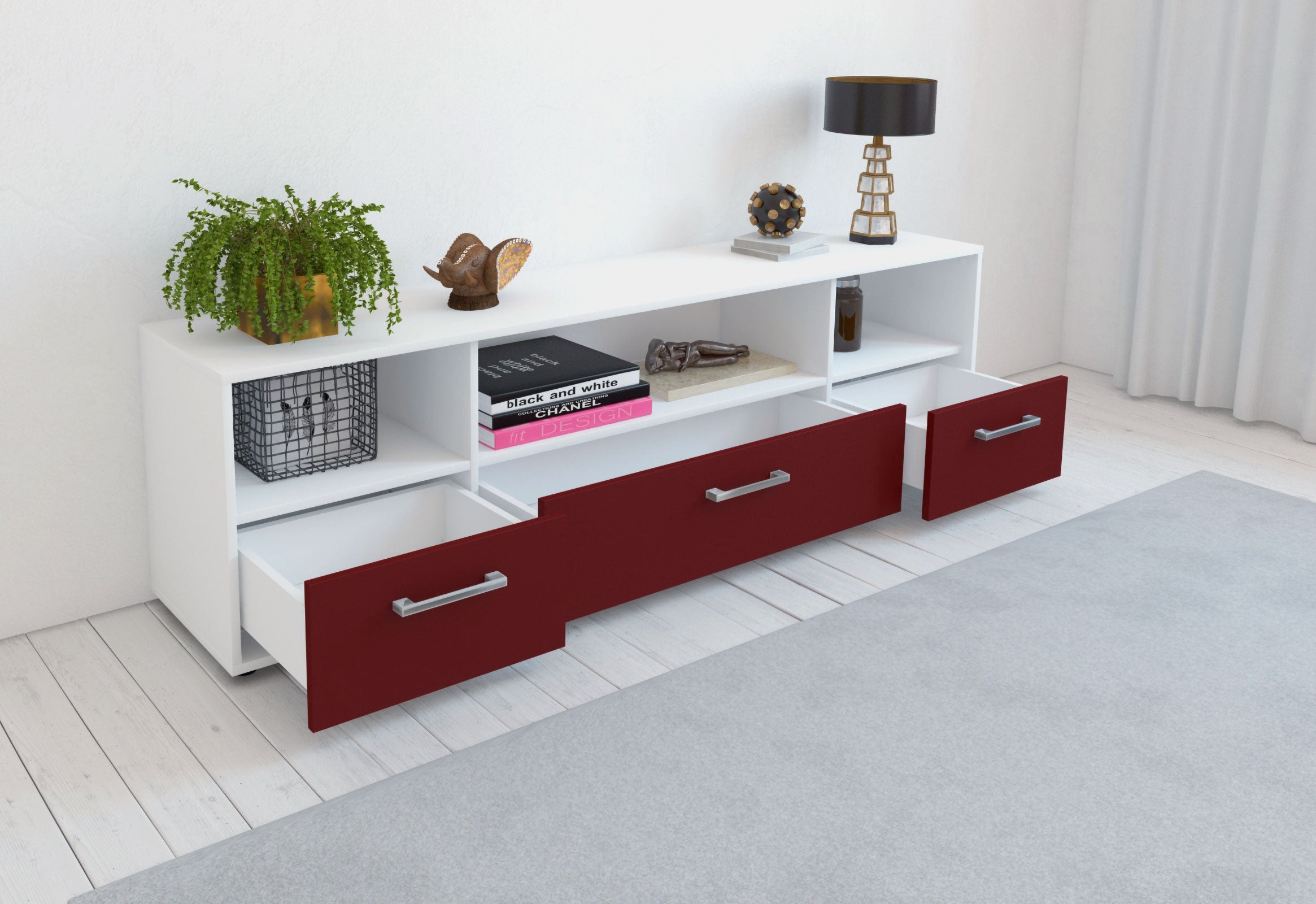 Lowboard - Aurelia - Design Farbakzent - Freistehend mit Griffe 180 cm Weiss