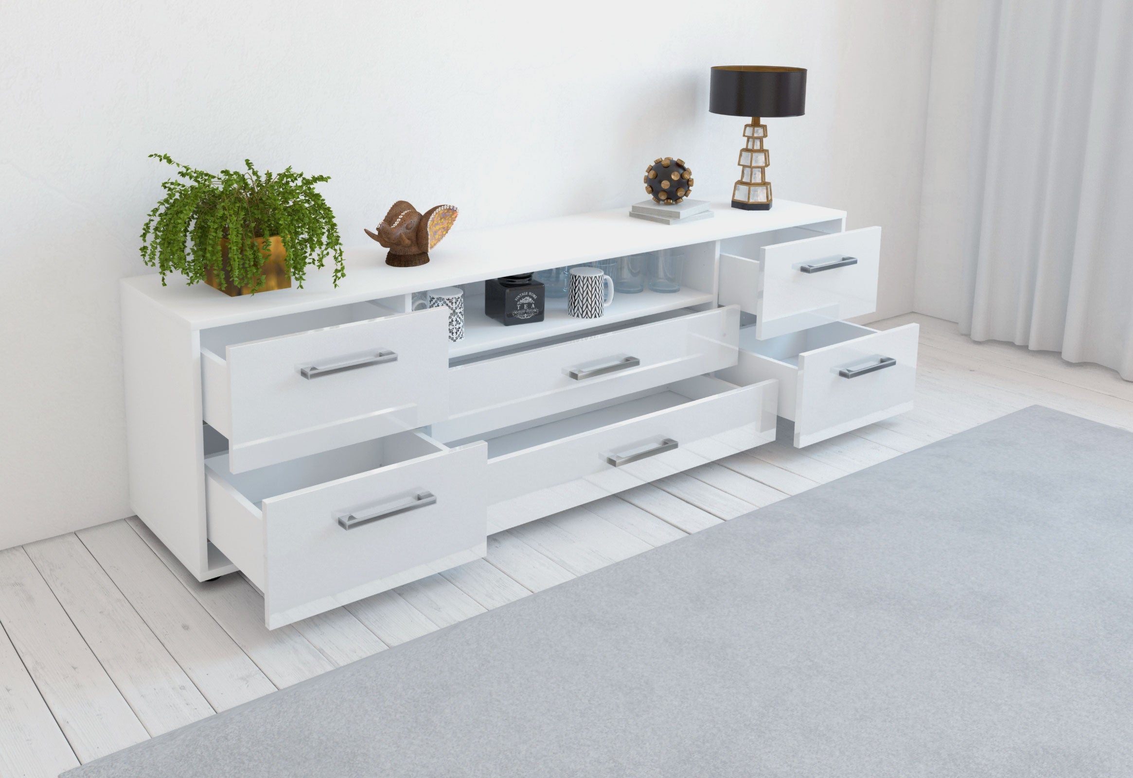 Lowboard - Aurora - Design Hochglanz - Freistehend mit Griffe 180 cm Weiss