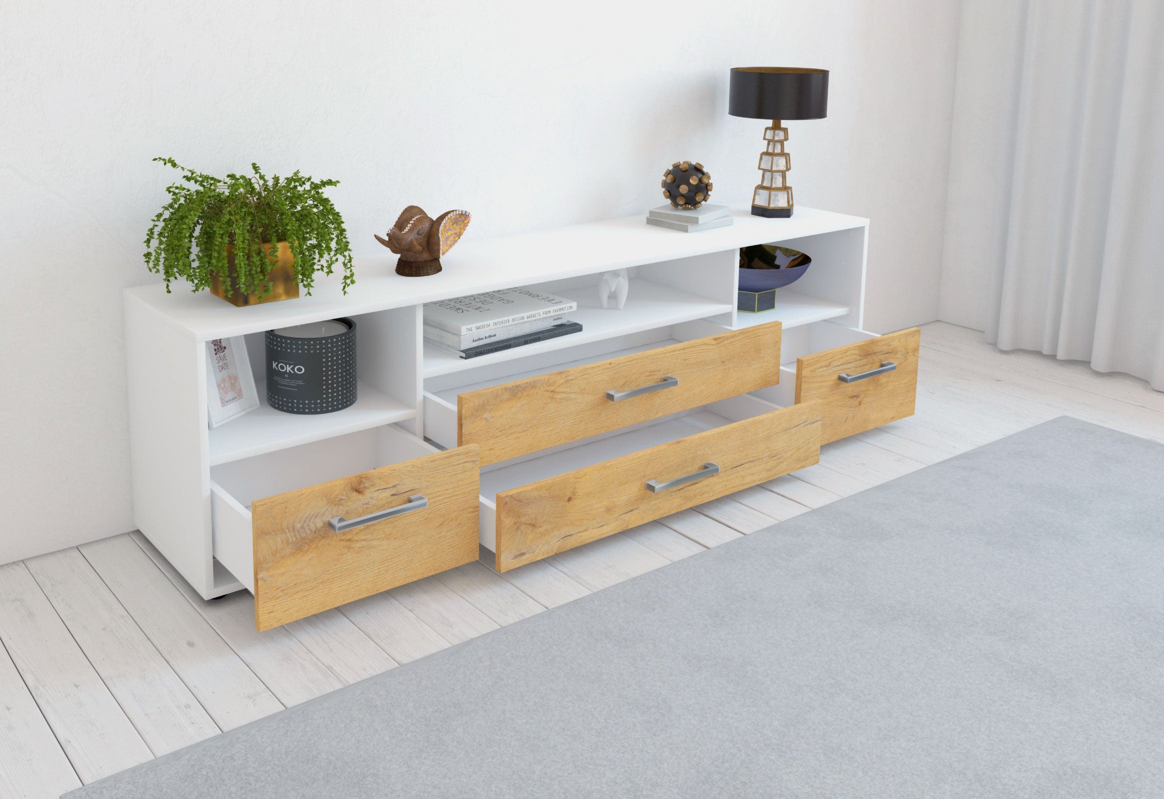 Lowboard - Azula - Design Holzdekor - Freistehend mit Griffe 180 cm Weiss