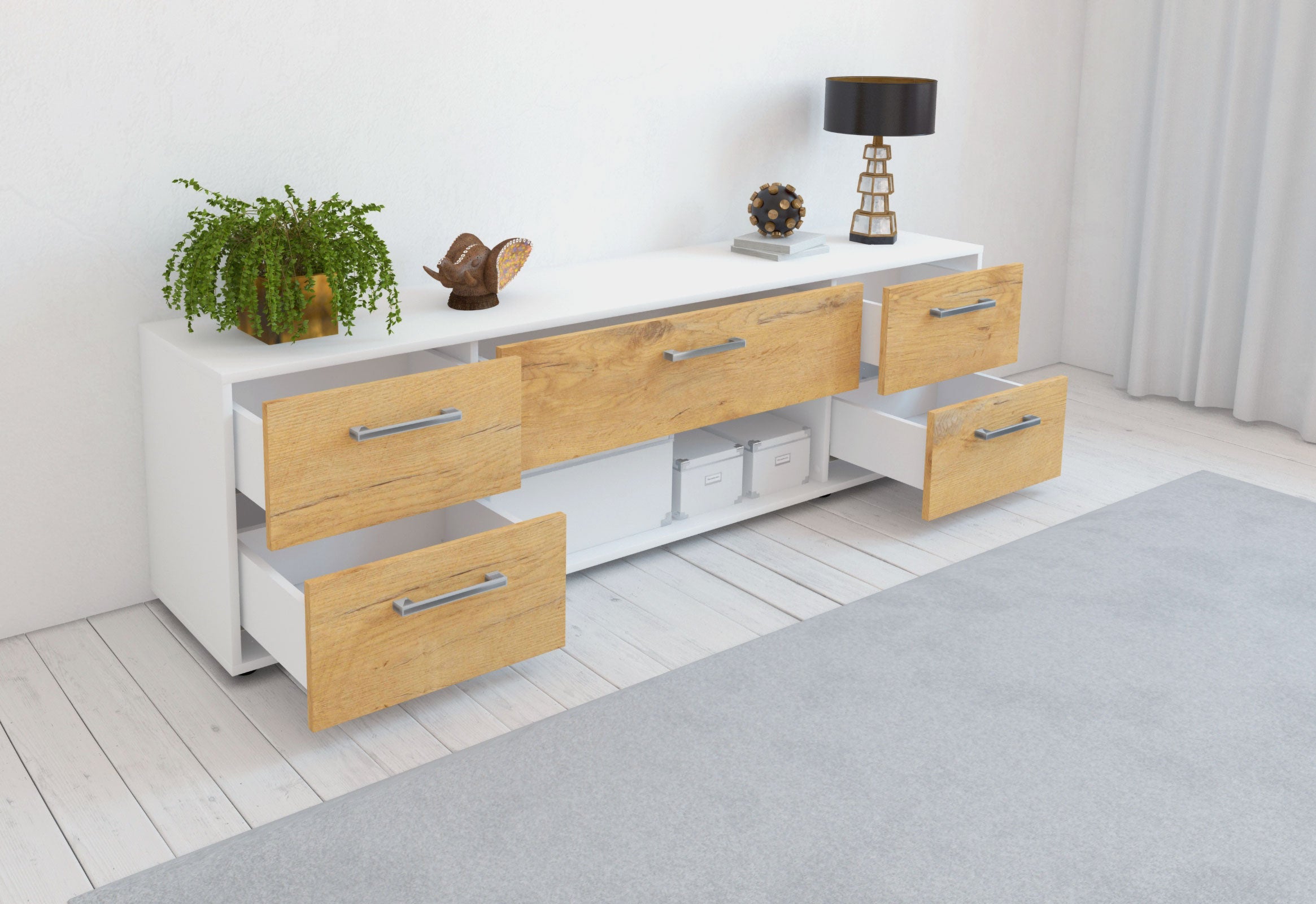 Lowboard - Babetta - Design Holzdekor - Freistehend mit Griffe 180 cm Weiss