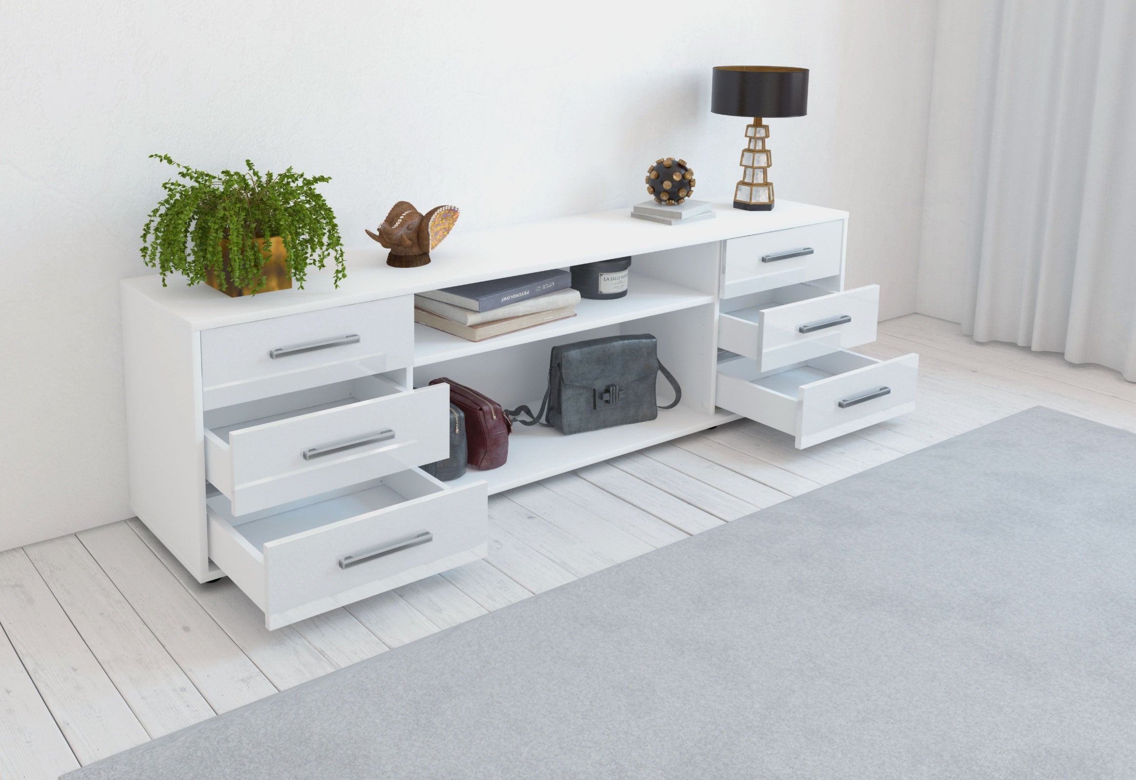 Lowboard - Belinda - Design Hochglanz - Freistehend mit Griffe 180 cm Weiss