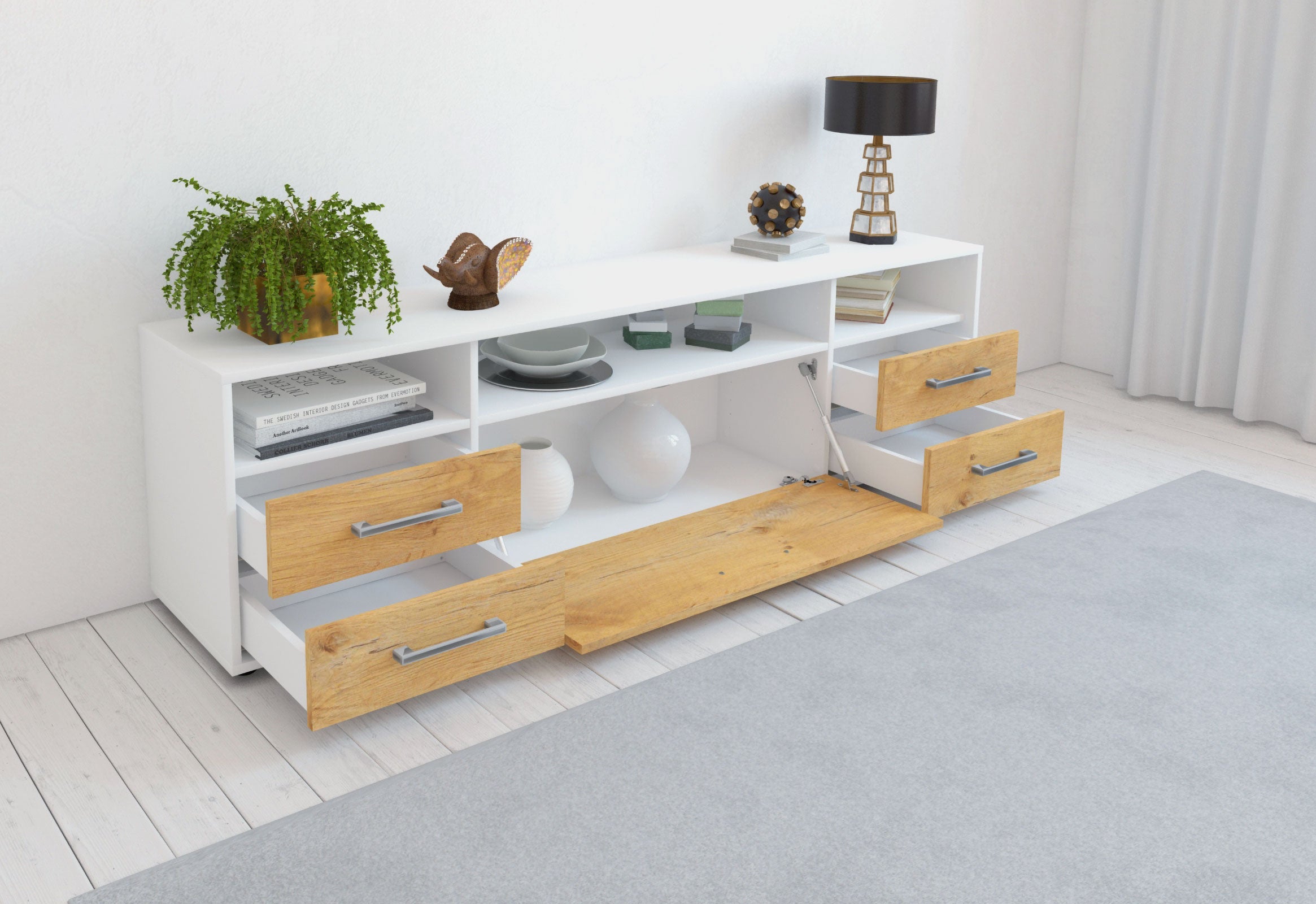 Lowboard - Bella - Design Holzdekor - Freistehend mit Griffe 180 cm Weiss